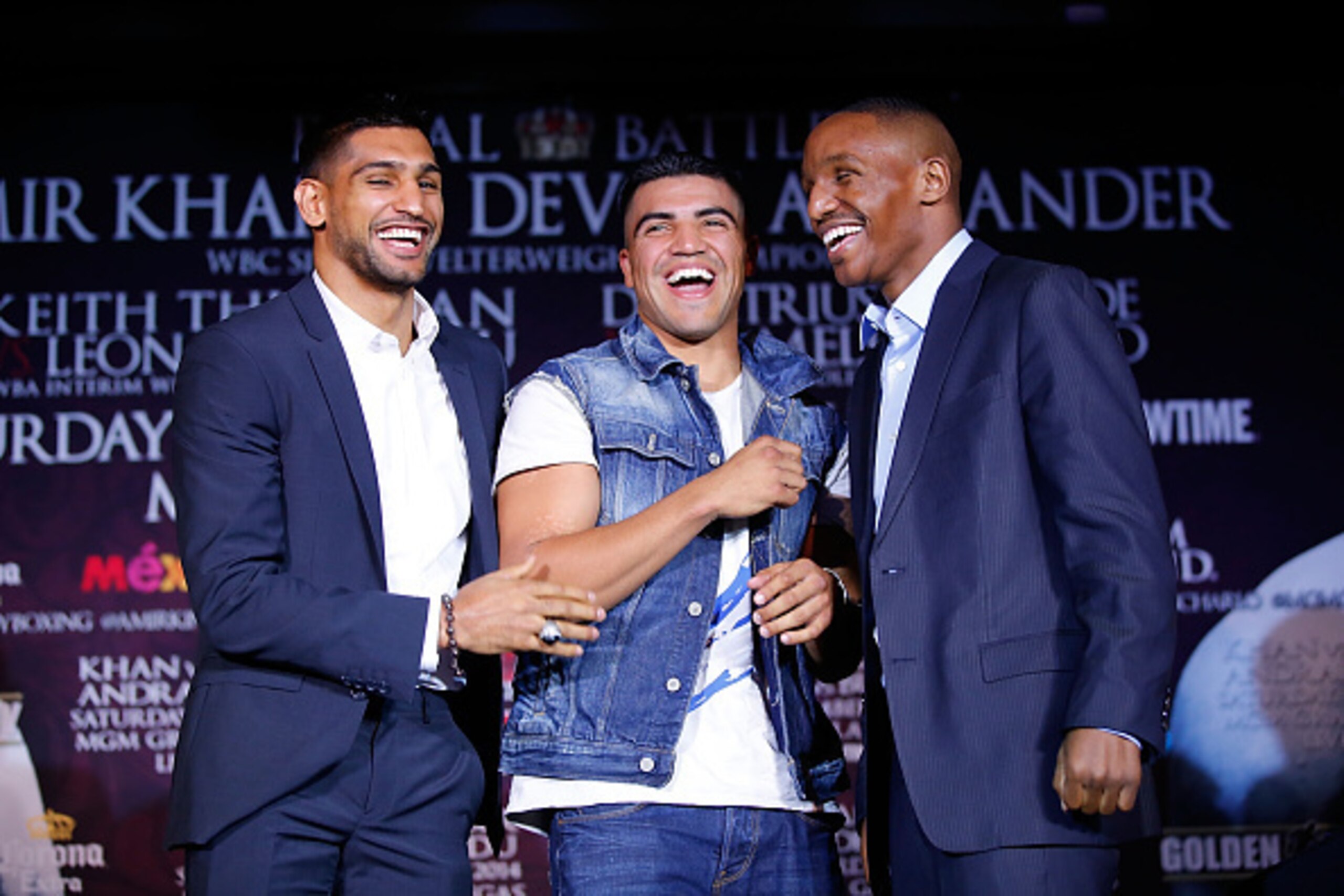 LOS ANGELES, CA - NOVEMBER 04: (L-R) Amir Khan, Victor Ortiz and Devon Alexander attend the Amir Khan & Devon Alexander Fight Announcement at The Conga Room on November 4, 2014 in Los Angeles, California. (Photo by Joe Scarnici/Getty Images) LOS ANGELES, CA - NOVEMBER 04: (L-R) Amir Khan, Victor Ortiz and Devon Alexander attend the Amir Khan & Devon Alexander Fight Announcement at The Conga Room on November 4, 2014 in Los Angeles, California. (Photo by Joe Scarnici/Getty Images)