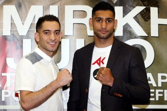 SHEFFIELD, ENGLAND - APRIL 25:  Haroon Khan and Amir Khan during a Press Conference at Mercure Sheffield St. Paul's Hotel & Spa on April 25, 2013 in Sheffield, England.  (Photo by Scott Heavey/Getty Images)