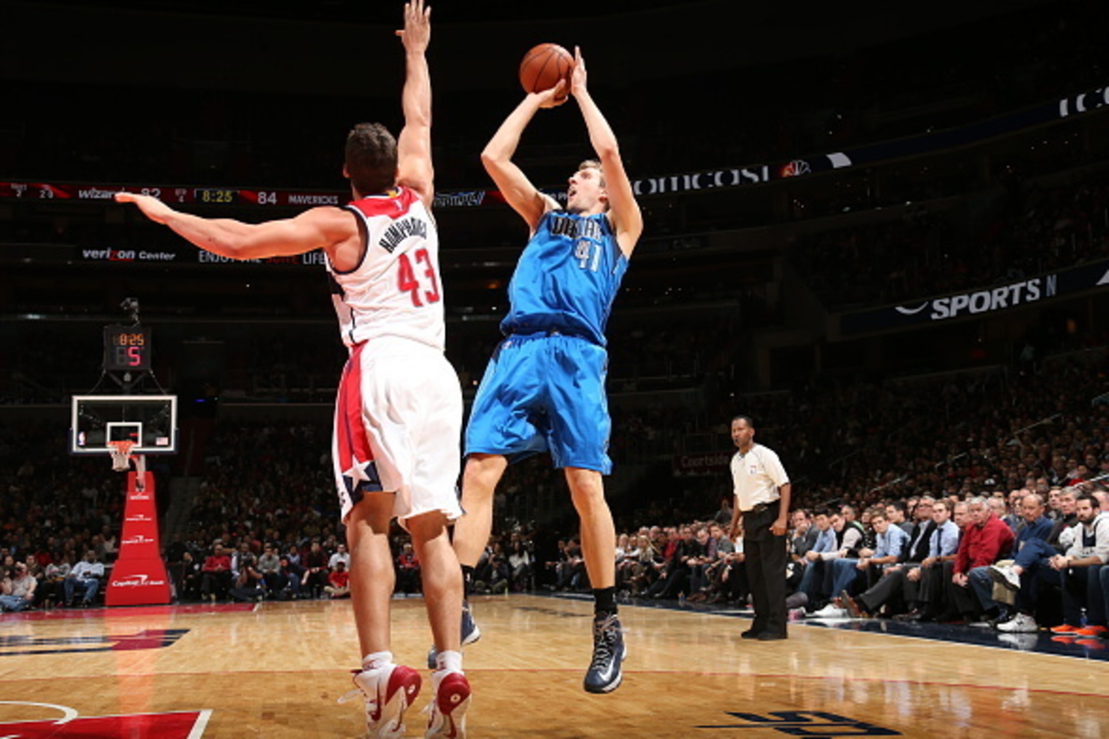 WASHINGTON, DC - NOVEMBER 19: Dirk Nowitzki #41 of the Dallas Mavericks shoots the ball against the Washington Wizards during the game on November 19, 2014 at Verizon Center in Washington, DC. NOTE TO USER: User expressly acknowledges and agrees that, by WASHINGTON, DC - NOVEMBER 19: Dirk Nowitzki #41 of the Dallas Mavericks shoots the ball against the Washington Wizards during the game on November 19, 2014 at Verizon Center in Washington, DC. NOTE TO USER: User expressly acknowledges and agrees that, by