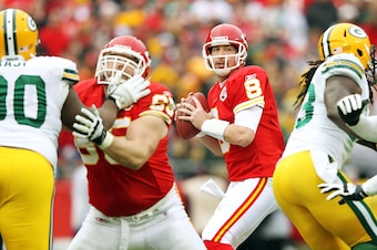 KANSAS CITY, MO - DECEMBER 18:  Quarterback Kyle Orton #8 of the Kansas City Chiefs passes during the game against the Green Bay Packers on December 18, 2011 at Arrowhead Stadium in Kansas City, Missouri.  (Photo by Jamie Squire/Getty Images)
