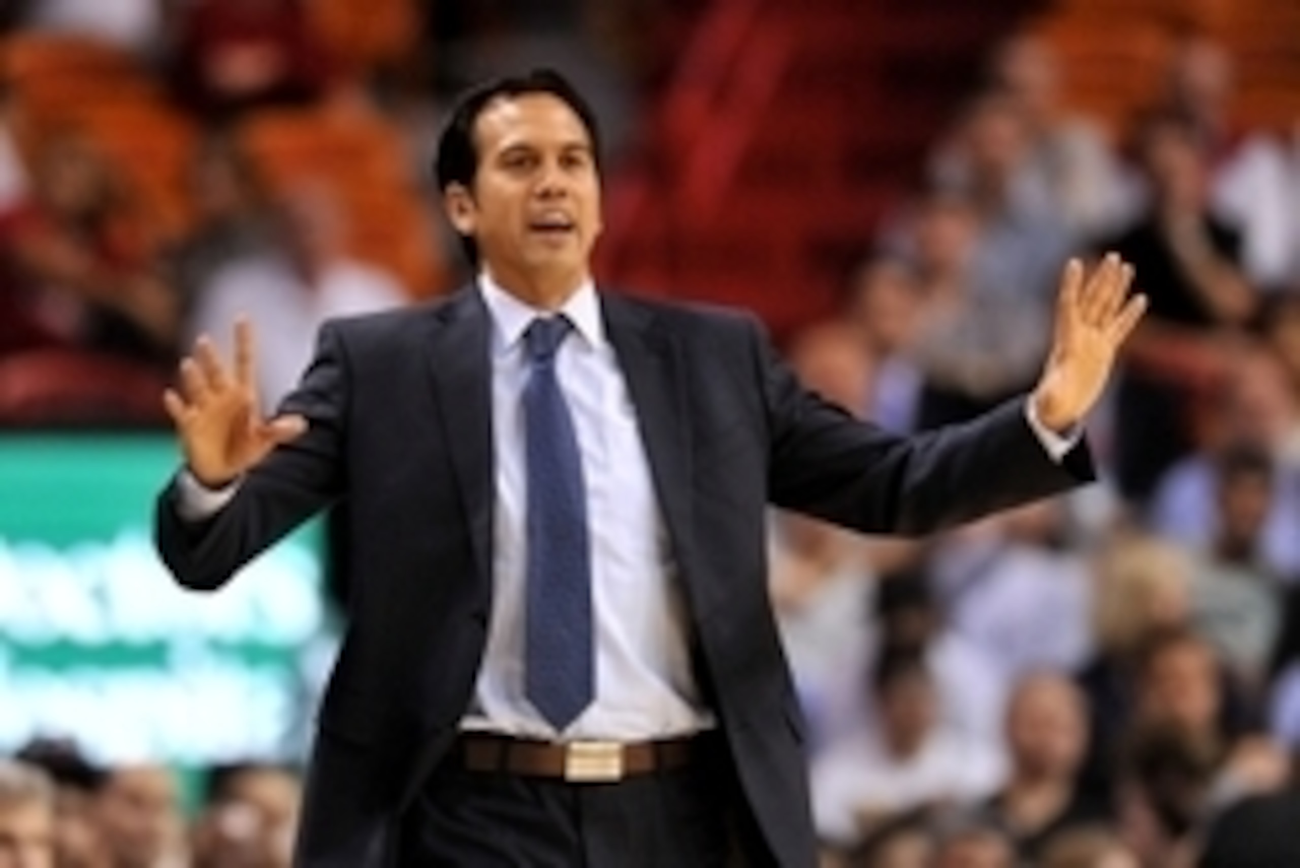Nov 25, 2014; Miami, FL, USA; Miami Heat head coach Erik Spoelstra during the second half against the Golden State Warriors at American Airlines Arena. the Warriors won 114-97. Mandatory Credit: Steve Mitchell-USA TODAY Sports