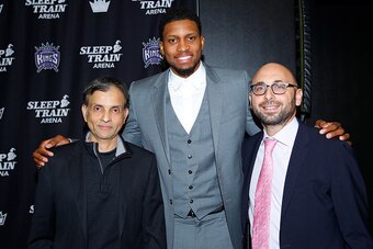 SACRAMENTO, CA - NOVEMBER 19:  Vivek Ranadive' ,Rudy Gay, and Pete D'Alessandro pose for a photo at the conclusionn of  a press conference to announce the Rudy's signing of a contract extension with the Sacramento Kings on November 19, 2014 at the Kings P