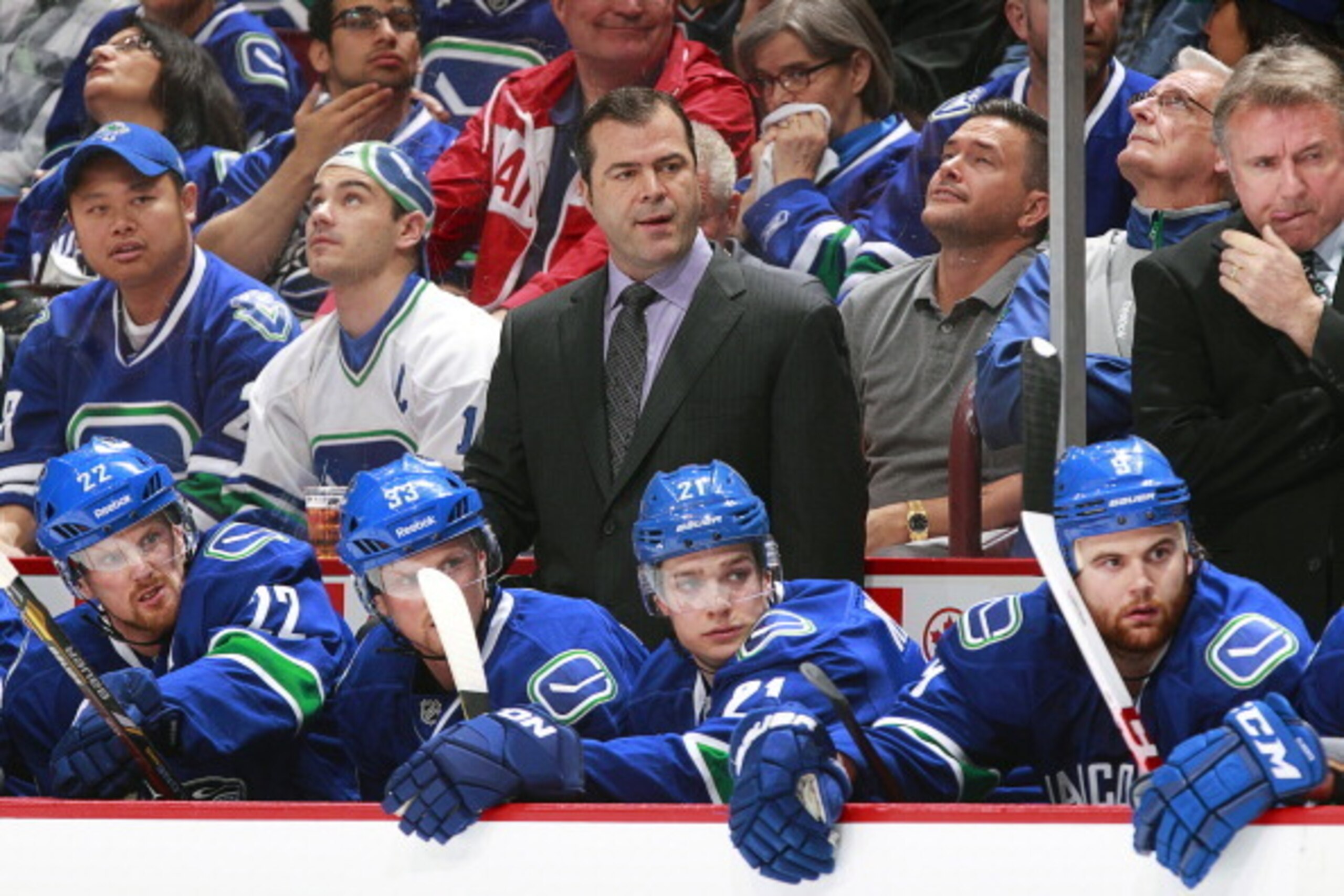 VANCOUVER, CANADA - MAY 1: Head coach Alain Vigneault of the Vancouver Canucks looks on from the bench against the San Jose Sharks during Game One of the Western Conference Quarterfinals during the 2013 NHL Stanley Cup Playoffs at Rogers Arena on May 1, 2