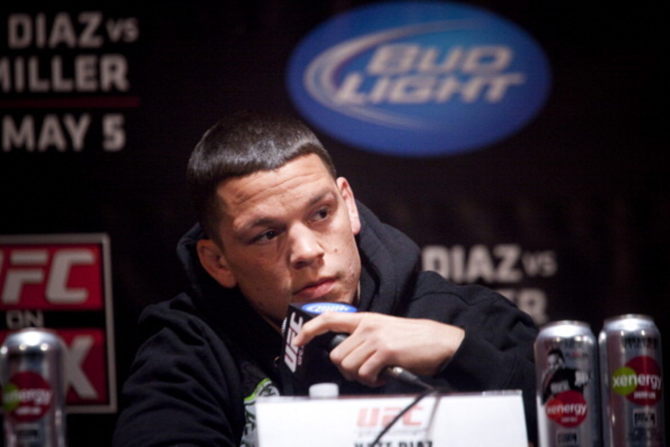 NEW YORK - MARCH 06:   UFC lightweight Nate Diaz speaks at a press conference at Radio City Music Hall on March 06, 2012 in New York City.  UFC announced that their third event on the FOX network will take place on Saturday, May 5 from the IZOD Center in 