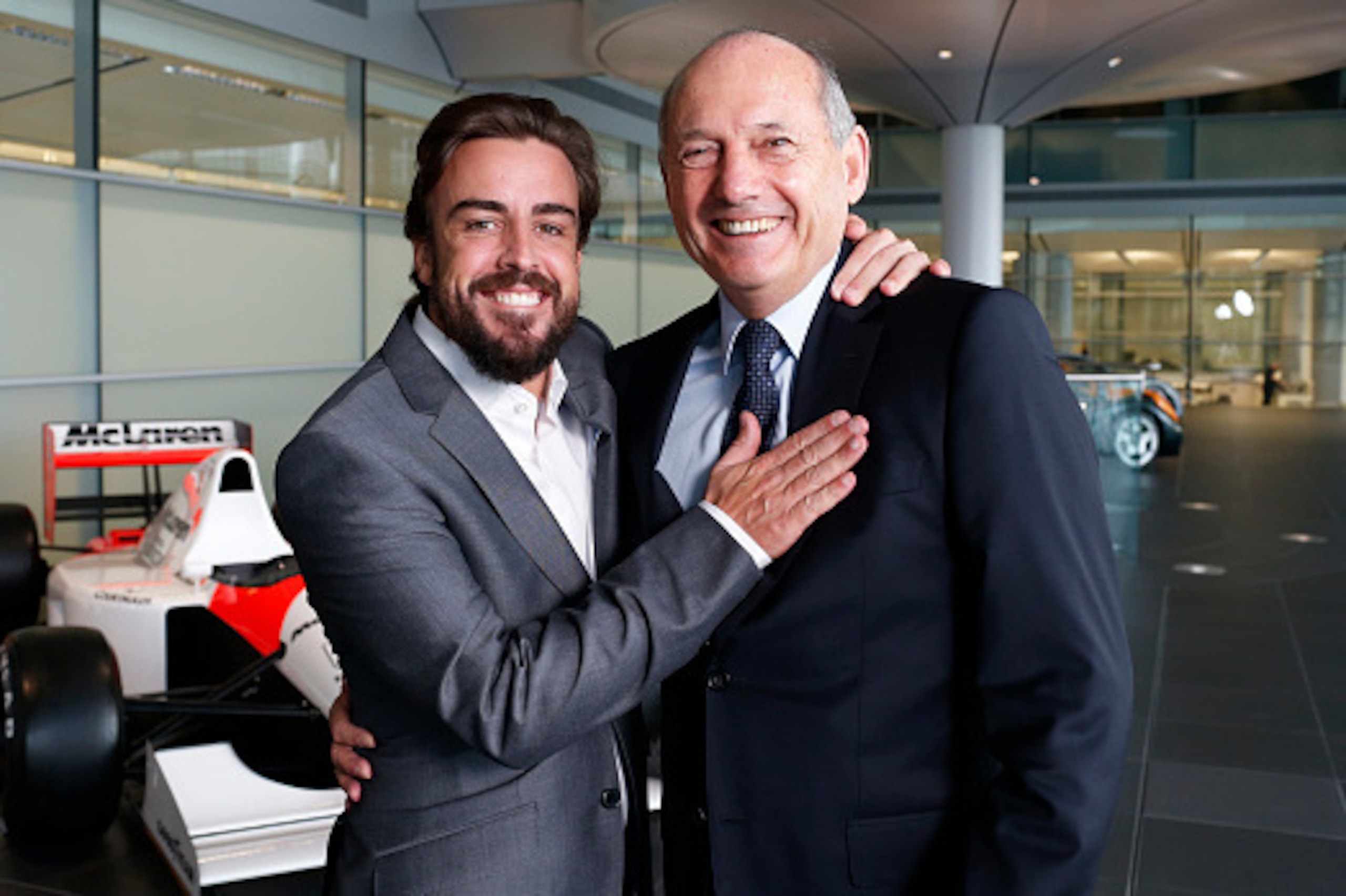 WOKING, ENGLAND- DECEMBER 10: In this handout photo provided by McLaren-Honda, Formula One driver Fernando Alonso (L) poses with Ron Dennis, Chairman & Chief Executive Officer, McLaren as McLaren-Honda announces its new driver line-up for 2015 on Decembe WOKING, ENGLAND- DECEMBER 10: In this handout photo provided by McLaren-Honda, Formula One driver Fernando Alonso (L) poses with Ron Dennis, Chairman & Chief Executive Officer, McLaren as McLaren-Honda announces its new driver line-up for 2015 on Decembe