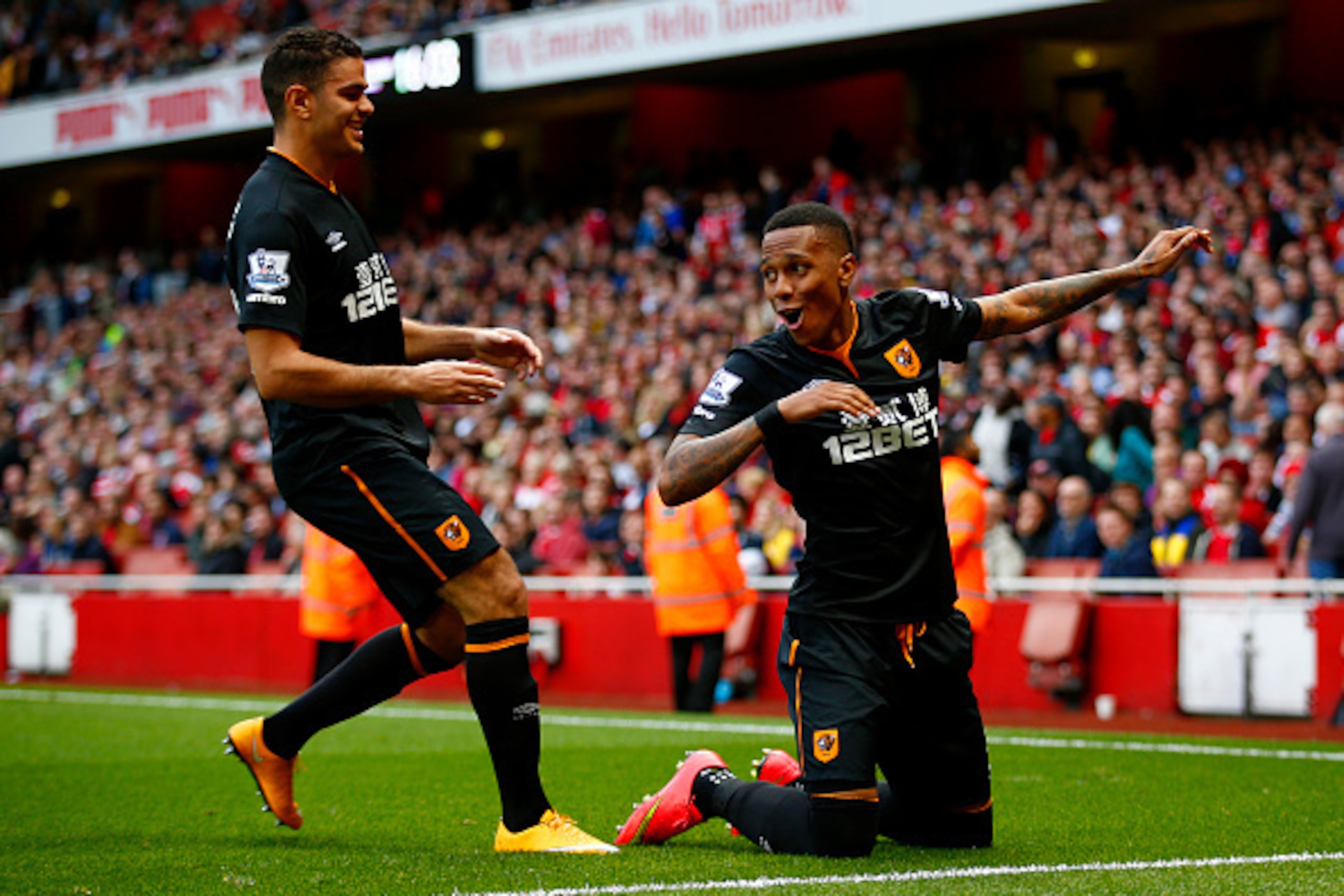 LONDON, ENGLAND - OCTOBER 18:  Abel Hernandez of Hull City celebrates after scoring his team's second goal during the Barclays Premier League match between Arsenal and Hull City at Emirates Stadium on October 18, 2014 in London, England.  (Photo by Clive 