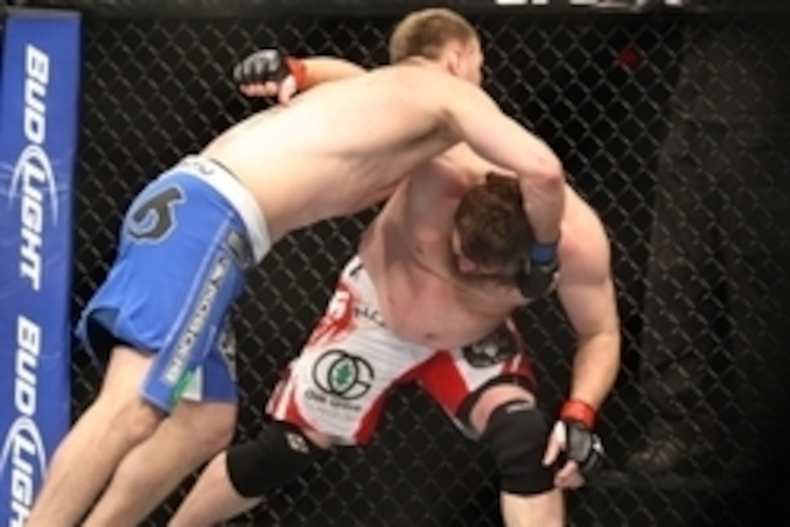 June 15, 2013; Winnipeg, Manitoba, CAN; Stipe Miocic (blue shorts) puts a hold on Roy Nelson (red/white shorts) during UFC 161 at the MTS Center. Mandatory Credit: Bruce Fedyck-USA TODAY Sports