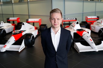 WOKING, ENGLAND- DECEMBER 10: In this handout photo provided by McLaren-Honda, Kevin Magnussen poses as McLaren-Honda announces its new driver line-up for 2015 on December 10, 2014 in Woking, England. Kevin Magnussen will remain as test and reserve driver