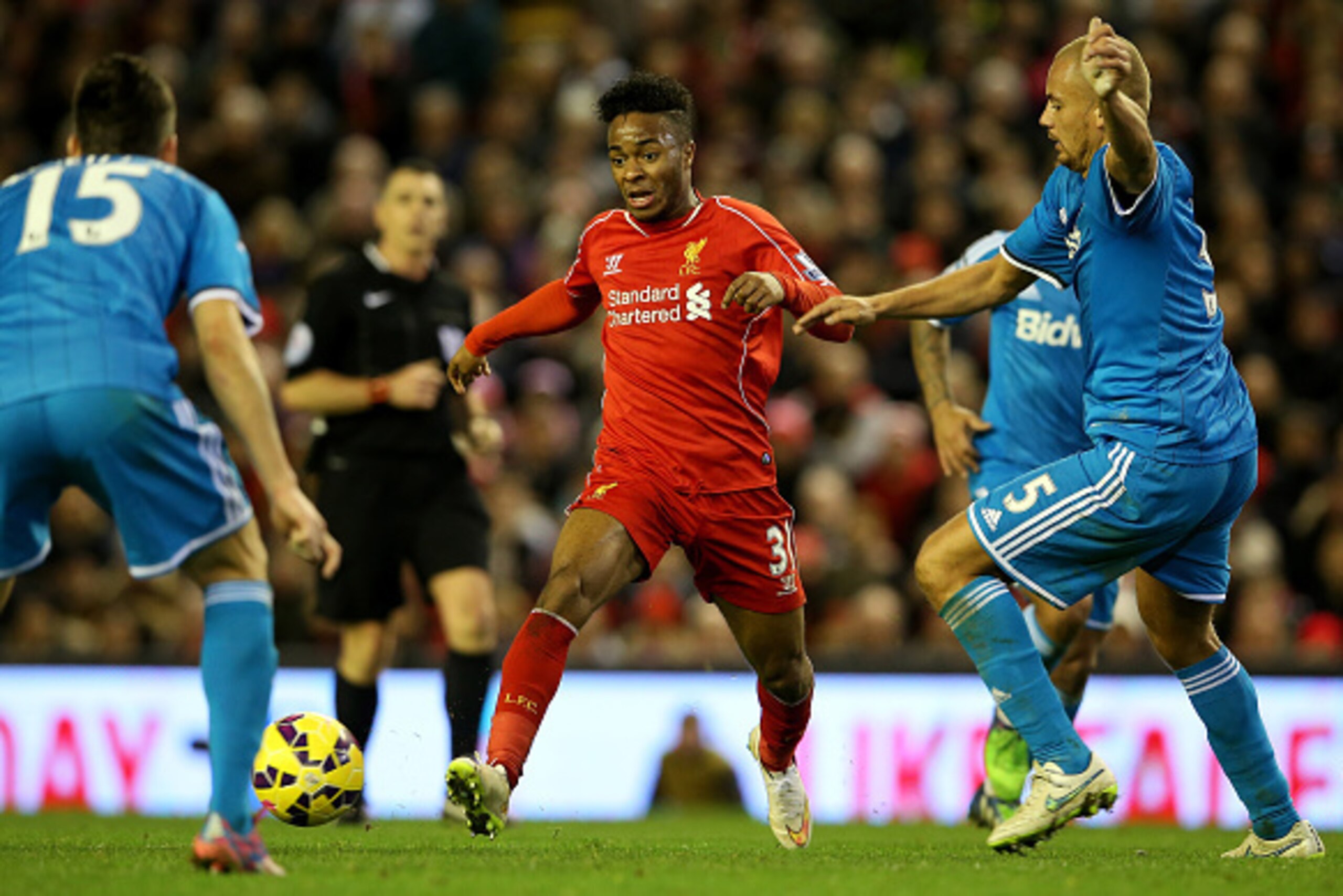LIVERPOOL, ENGLAND - DECEMBER 06:  Raheem Sterling of Liverpool during the Barclays Premier League match between Liverpool and Sunderland at Anfield on December 6, 2014 in Liverpool, England.  (Photo by Scott Heavey/Getty Images)