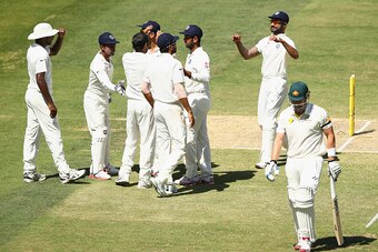 ADELAIDE, AUSTRALIA - DECEMBER 12:  Mohammed Shami of India celebrates taking the wicket of Shane Watson of Australia during day four of the First Test match between Australia and India at Adelaide Oval on December 12, 2014 in Adelaide, Australia.  (Photo