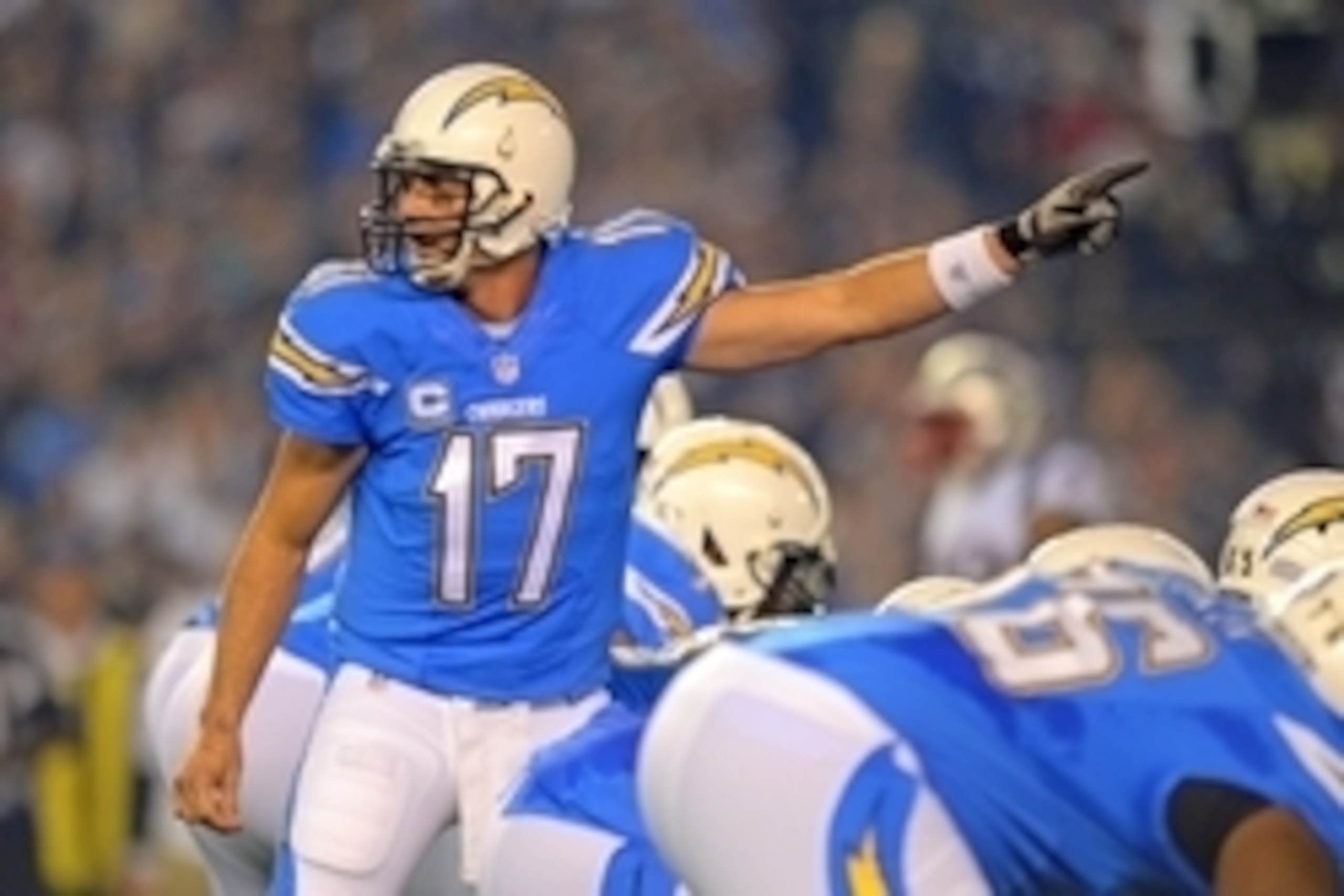 Dec 7, 2014; San Diego, CA, USA; San Diego Chargers quarterback Philip Rivers (17) gestures during the first quarteragainst the New England Patriots at Qualcomm Stadium. Mandatory Credit: Jake Roth-USA TODAY Sports