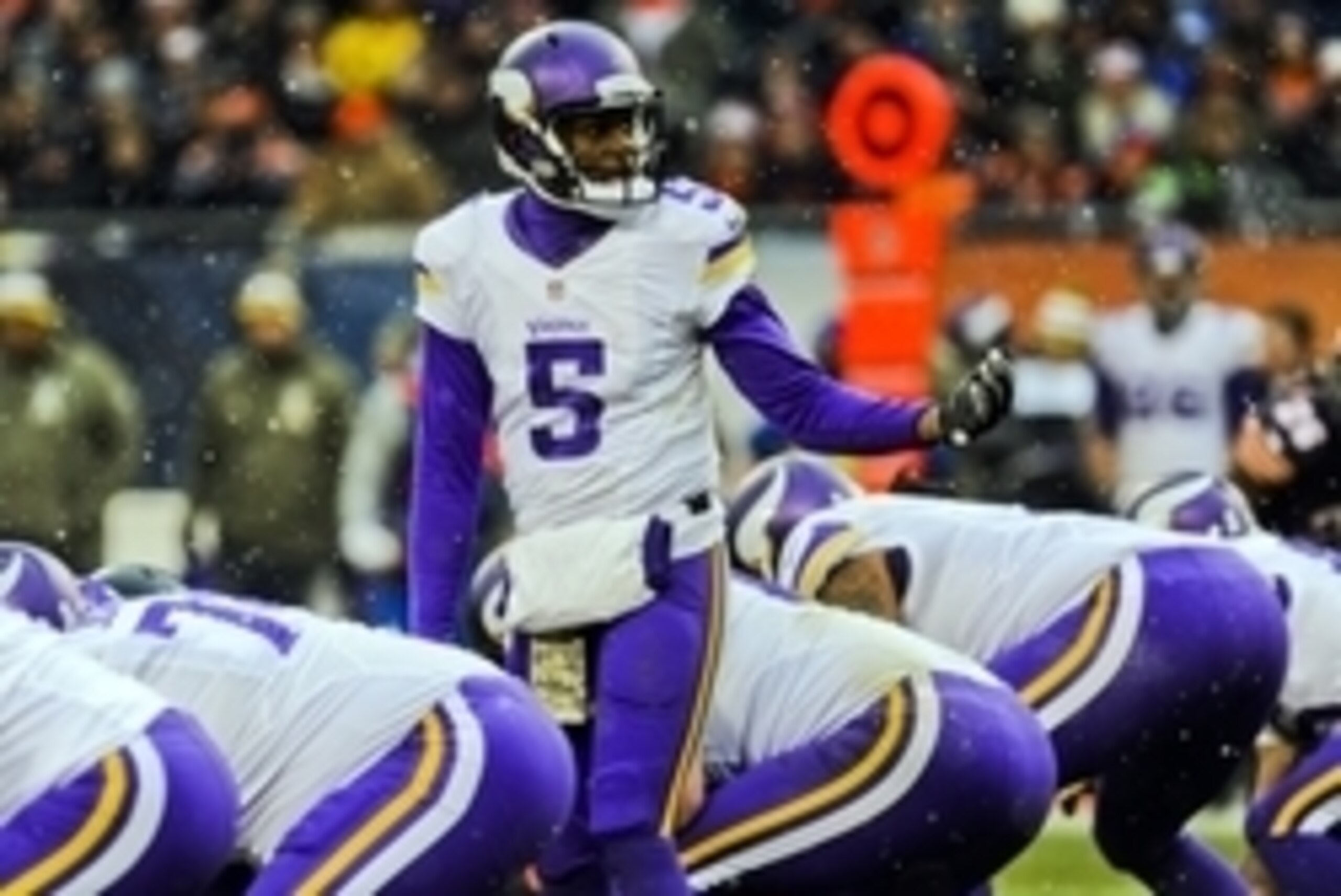 Nov 16, 2014;  Chicago, IL, USA;  Minnesota Vikings quarterback Teddy Bridgewater (5) in their game against the Chicago Bears at Soldier Field. Mandatory Credit: Matt Marton-USA TODAY Sports