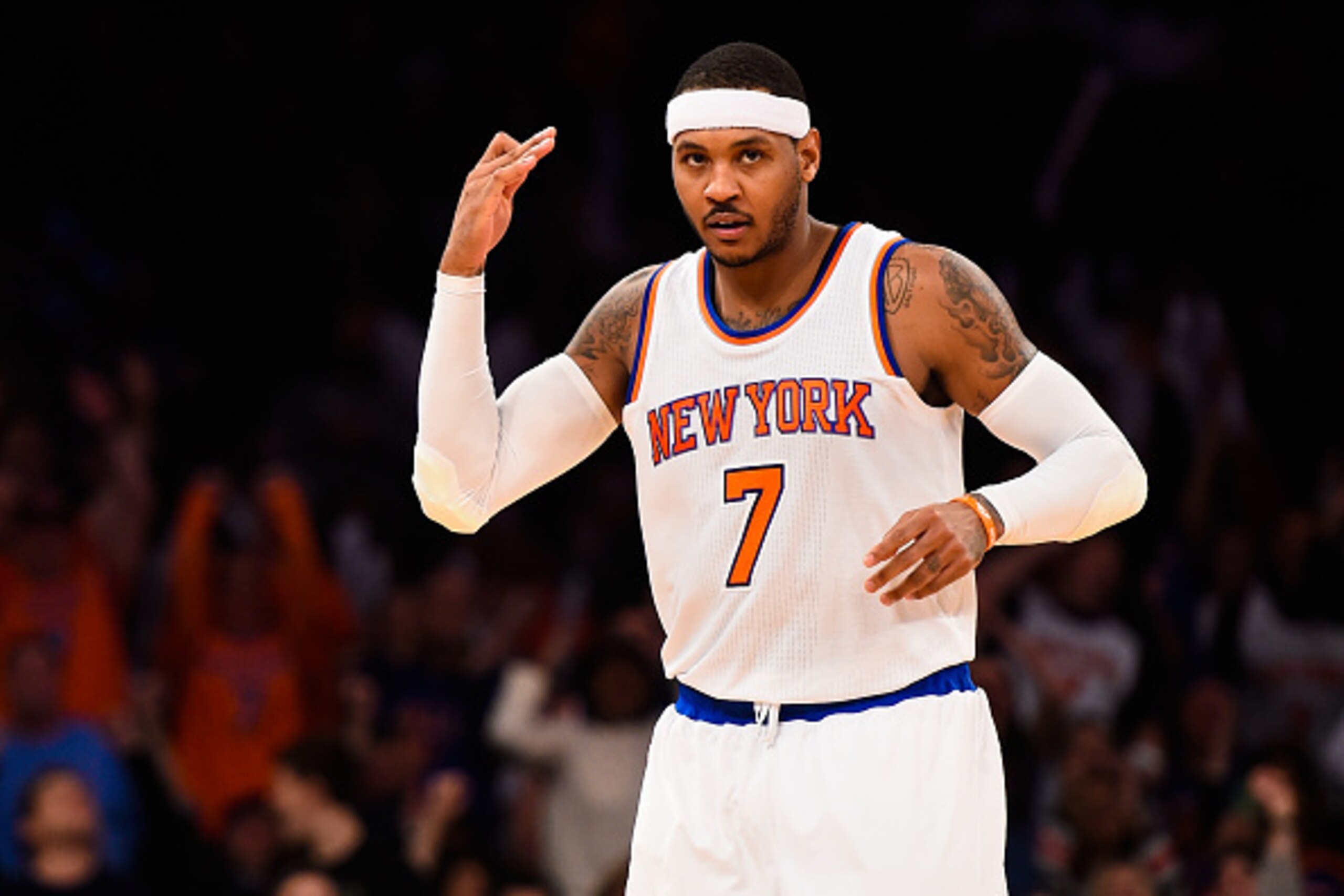 NEW YORK, NY - DECEMBER 07:  Carmelo Anthony #7 of the New York Knicks celebrates a basket in the second half during a game against the Portland Trail Blazers at Madison Square Garden on December 7, 2014 in New York City. NOTE TO USER: User expressly ackn