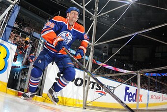 EDMONTON, AB - NOVEMBER 16: Nikita Nikitin #86 of the Edmonton Oilers steps onto the ice prior to the game against the Arizona Coyotes on November 16, 2014 at Rexall Place in Edmonton, Alberta, Canada. (Photo by Andy Devlin/NHLI via Getty Images)