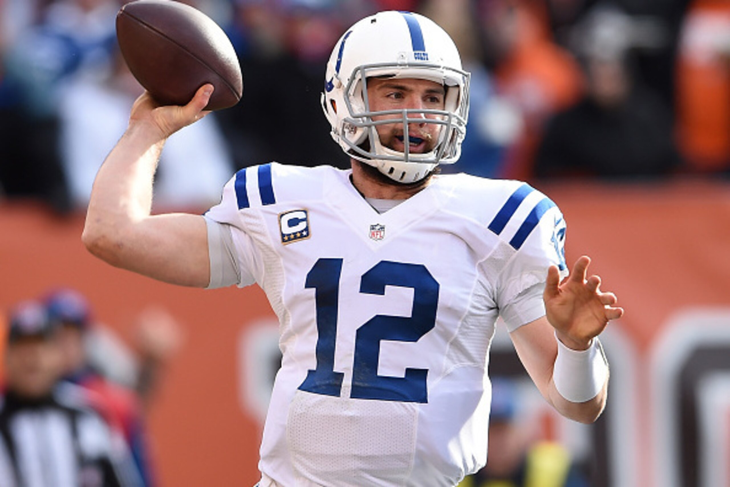 CLEVELAND, OH - DECEMBER 07:  Andrew Luck #12 of the Indianapolis Colts throws a pass during the second quarter against the Cleveland Browns at FirstEnergy Stadium on December 7, 2014 in Cleveland, Ohio.  (Photo by Jason Miller/Getty Images)