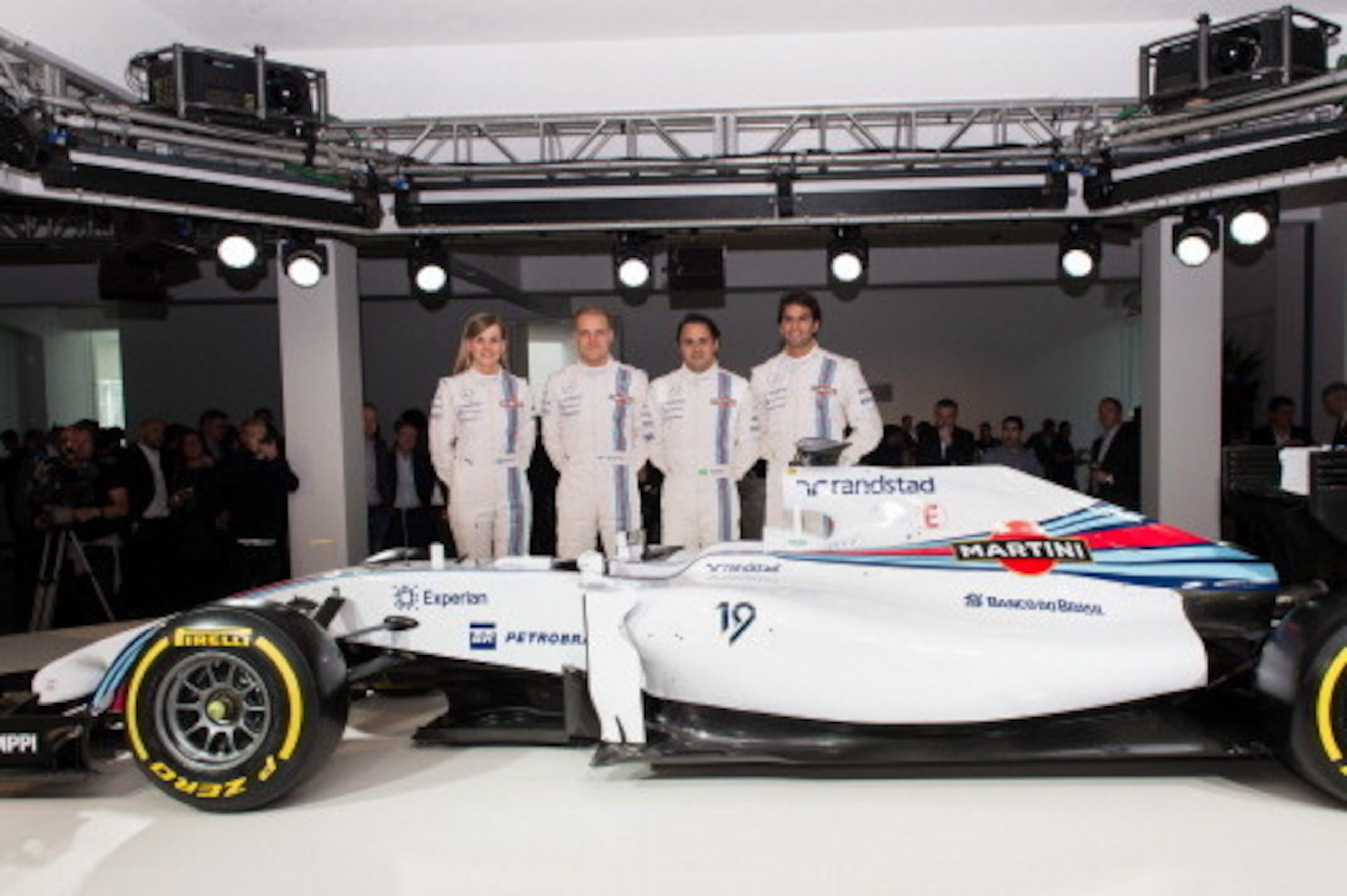 LONDON, ENGLAND - MARCH 06:  Drivers Susie Wolff, Valtteri Bottas, Felipe Massa and Felipe Nasr pose with the new Williams Mercedes FW36 during the Williams F1 Team Launch at Olaf Street on March 6, 2014 in London, England. The launch announced the creati
