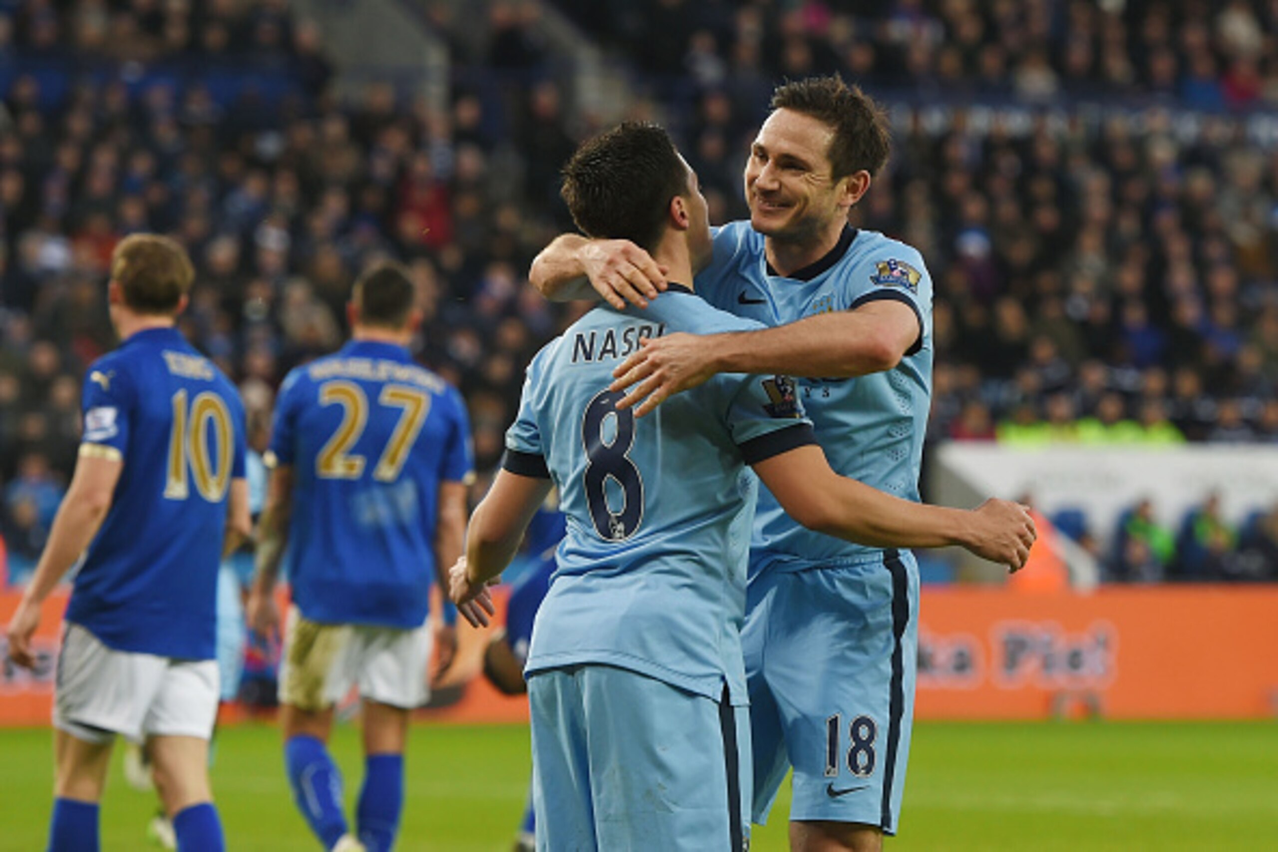 LEICESTER, ENGLAND - DECEMBER 13:  Frank Lampard (R) of Manchester City celebrate Samir Nasri of Manchester City after scoring the opening goal during the Barclays Premier League match between Leicester City and Manchester City at The King Power Stadium o