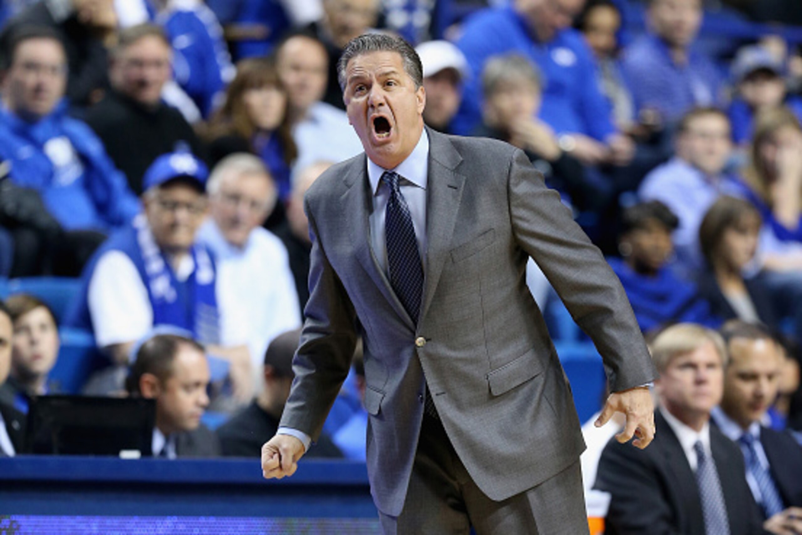 LEXINGTON, KY - DECEMBER 10:  John Calipari the head coach of the Kentucky Wildcats gives instructions to his team during the game against the Columbia Lions at Rupp Arena on December 10, 2014 in Lexington, Kentucky.  (Photo by Andy Lyons/Getty Images)