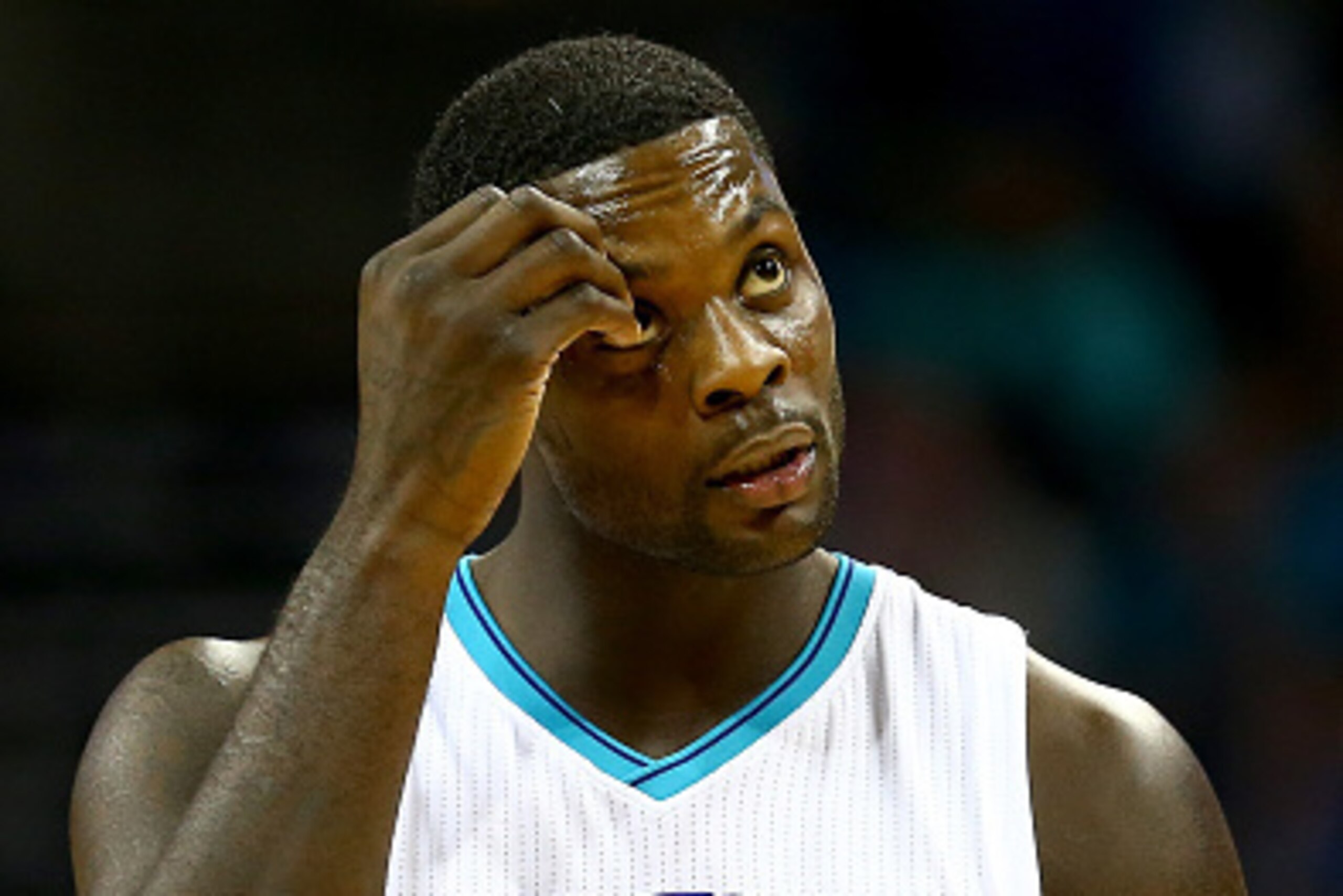 CHARLOTTE, NC - NOVEMBER 26:  Lance Stephenson #1 of the Charlotte Hornets reacts after a call during their game against the Portland Trail Blazers at Time Warner Cable Arena on November 26, 2014 in Charlotte, North Carolina.  NOTE TO USER: User expressly