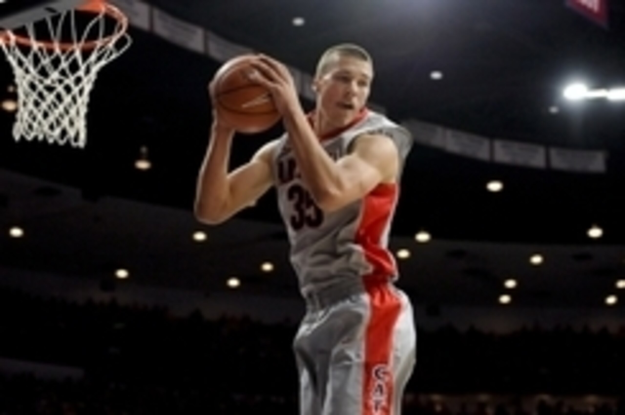 Dec 2, 2014; Tucson, AZ, USA; Arizona Wildcats center Kaleb Tarczewski (35) grabs the rebound during the first half against the Gardner Webb Runnin Bulldogs at McKale Center. Arizona won 91-65. Mandatory Credit: Casey Sapio-USA TODAY Sports