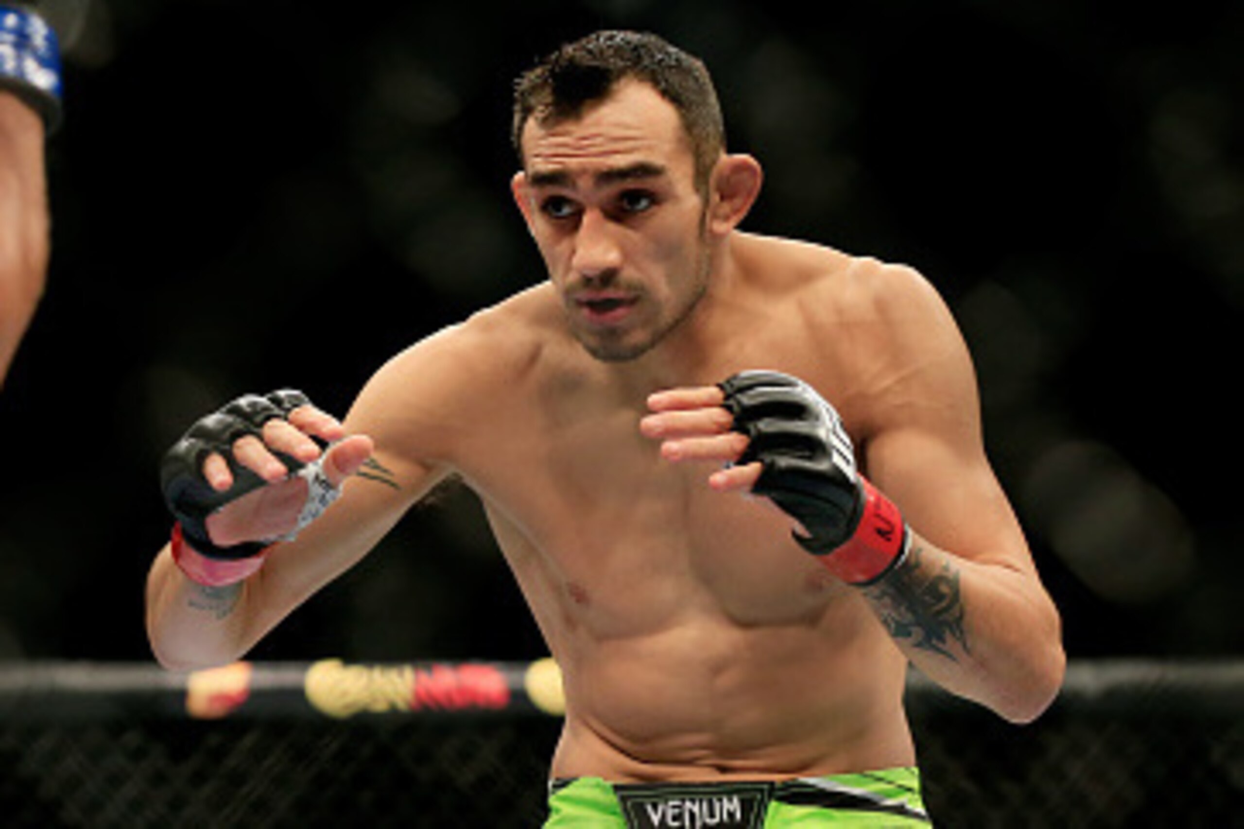 LAS VEGAS, NV - DECEMBER 06:  Tony Ferguson (green shorts) fights Abel Trujillo (black shorts) in their bout during the UFC 181 event at the Mandalay Bay Events Center on December 6, 2014 in Las Vegas, Nevada.  (Photo by Alex Trautwig/Getty Images)