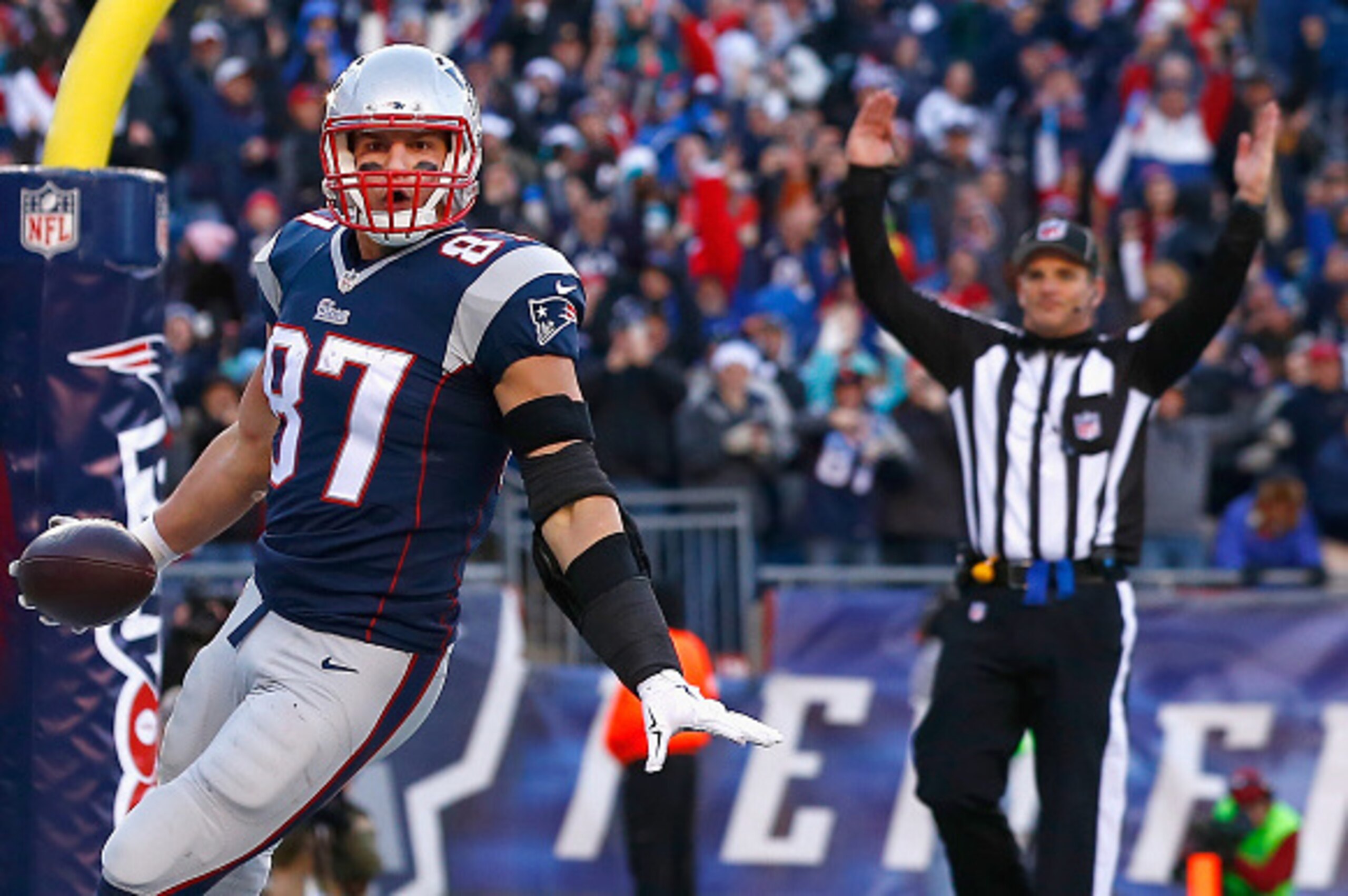 FOXBORO, MA - DECEMBER 14: Rob Gronkowski #87 of the New England Patriots reacts after catching a touchdown pass during the third quarter against the Miami Dolphins at Gillette Stadium on December 14, 2014 in Foxboro, Massachusetts. (Photo by Jared Wick FOXBORO, MA - DECEMBER 14: Rob Gronkowski #87 of the New England Patriots reacts after catching a touchdown pass during the third quarter against the Miami Dolphins at Gillette Stadium on December 14, 2014 in Foxboro, Massachusetts. (Photo by Jared Wick