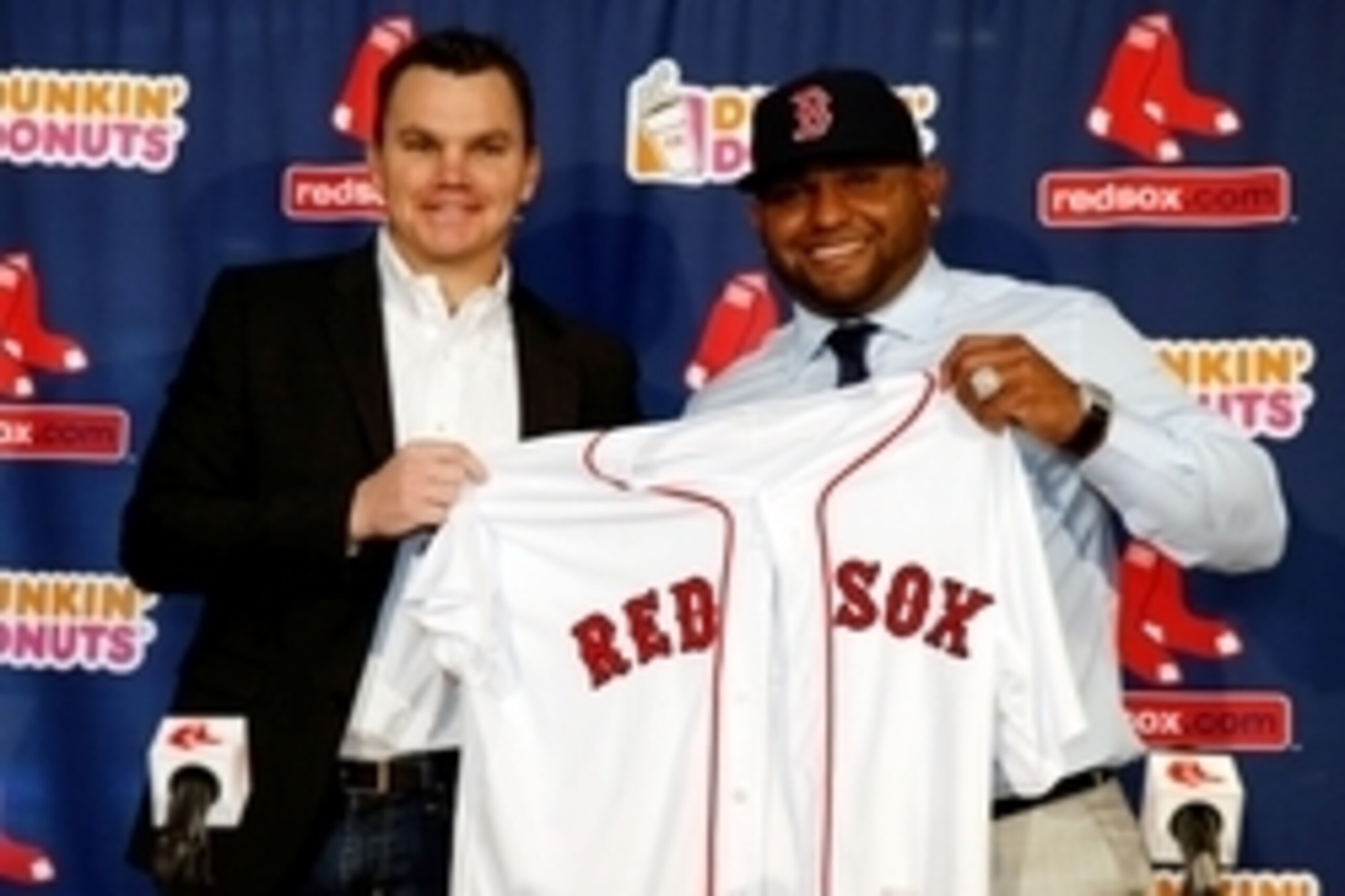 Nov 25, 2014; Boston, Ma, USA; Boston Red Sox general manager Ben Cherington (left) and third baseman Pablo Sandoval hold a jersey during the introductory press conference at Fenway Park. Mandatory Credit: Greg M. Cooper-USA TODAY Sports