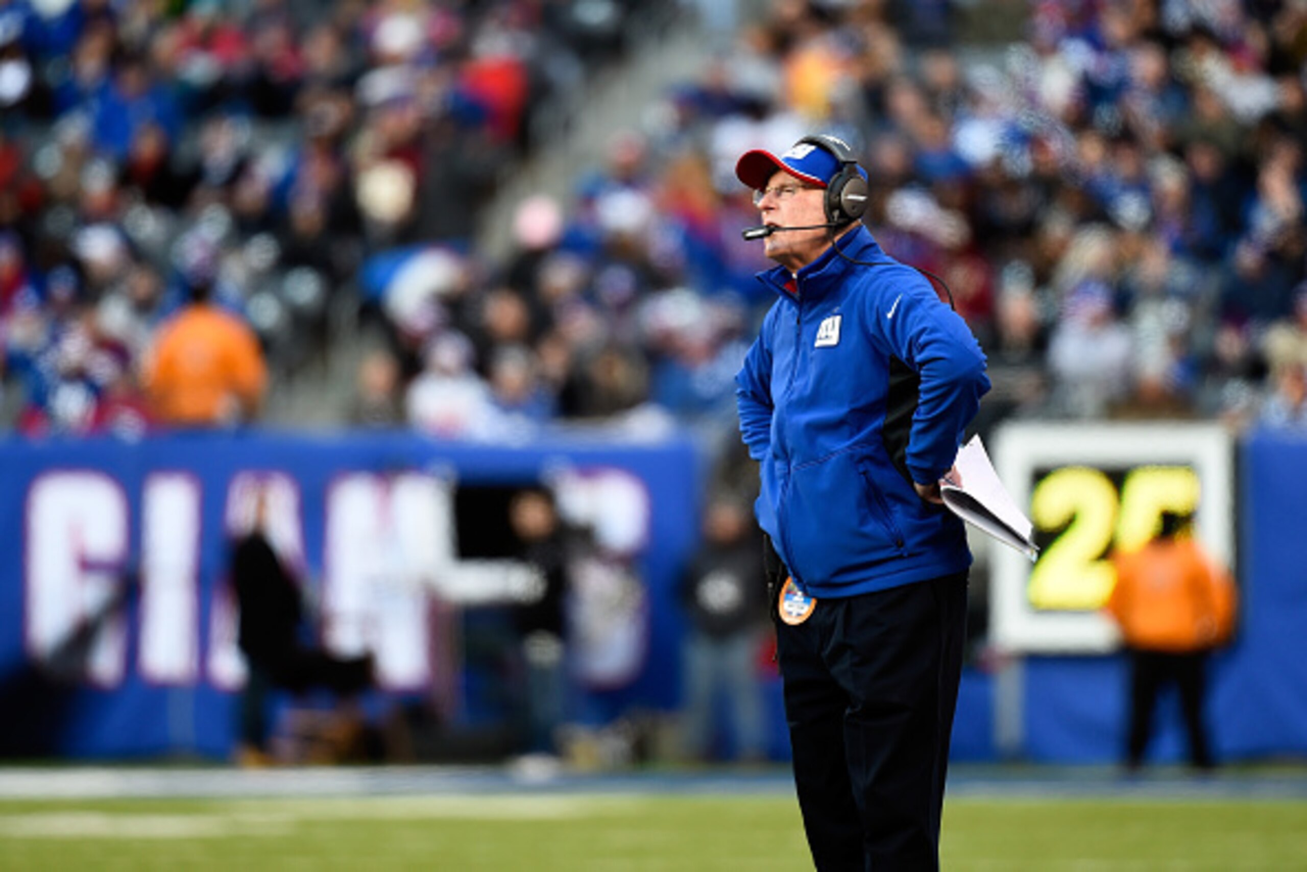 EAST RUTHERFORD, NJ - DECEMBER 14:  Head coach Tom Coughlin of the New York Giants looks on against the Washington Redskins during their game at MetLife Stadium on December 14, 2014 in East Rutherford, New Jersey.  (Photo by Alex Goodlett/Getty Images)