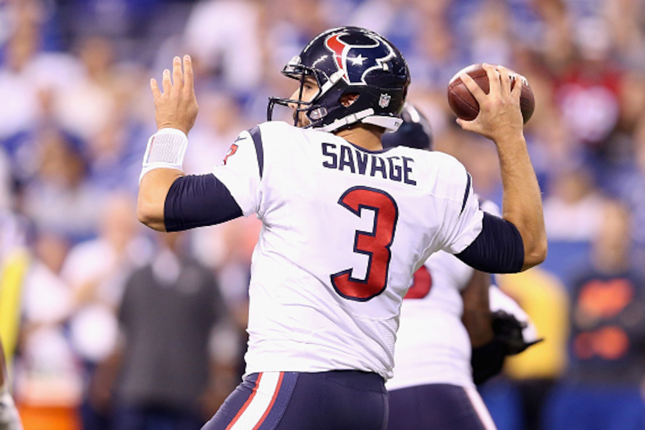 INDIANAPOLIS, IN - DECEMBER 14:  Tom Savage #3 of the Houston Texans throws a pass during the game against the Indianapolis Colts at Lucas Oil Stadium on December 14, 2014 in Indianapolis, Indiana.  (Photo by Andy Lyons/Getty Images)