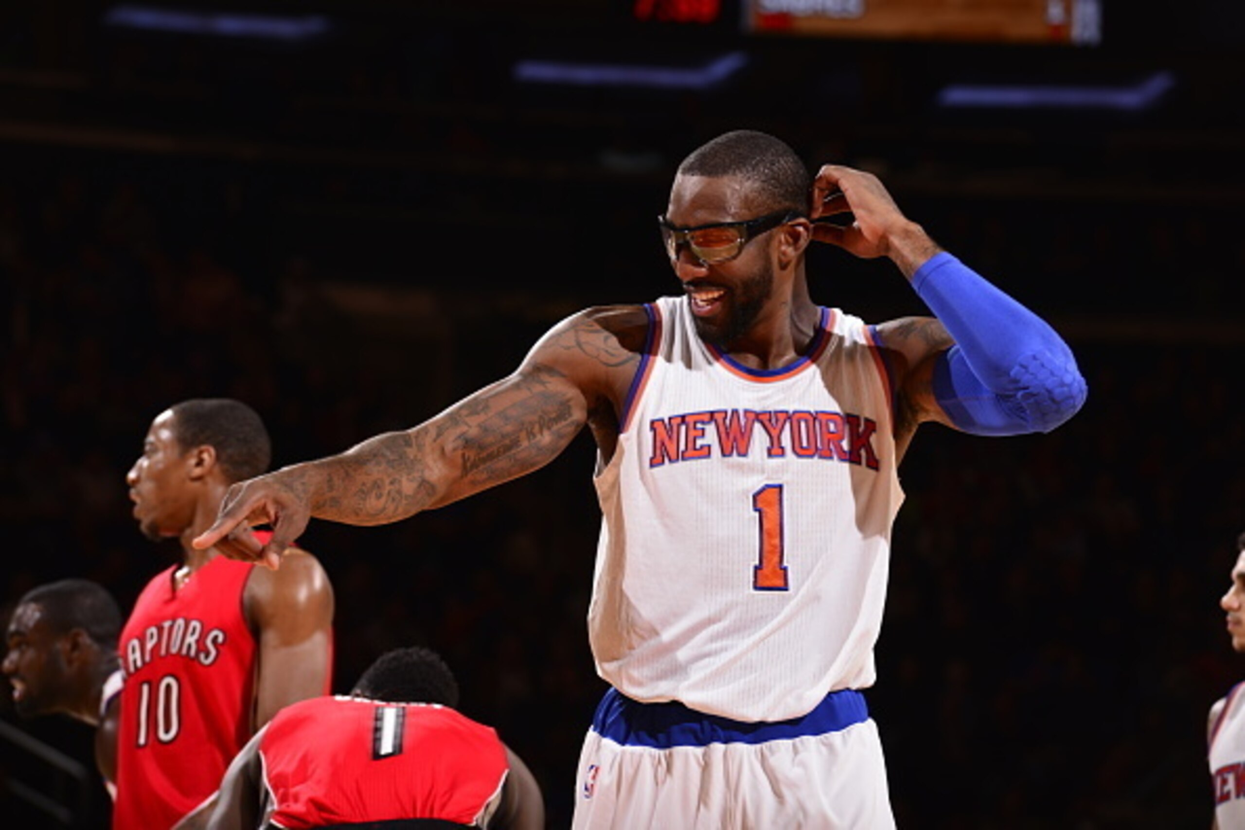NEW YORK, NY - OCTOBER 13:  Amar'e Stoudemire #1 of the New York Knicks takes a break during a game against the Toronto Raptors at Madison Square Garden on October 13, 2014 in New York City, New York. NOTE TO USER: User expressly acknowledges and agrees t
