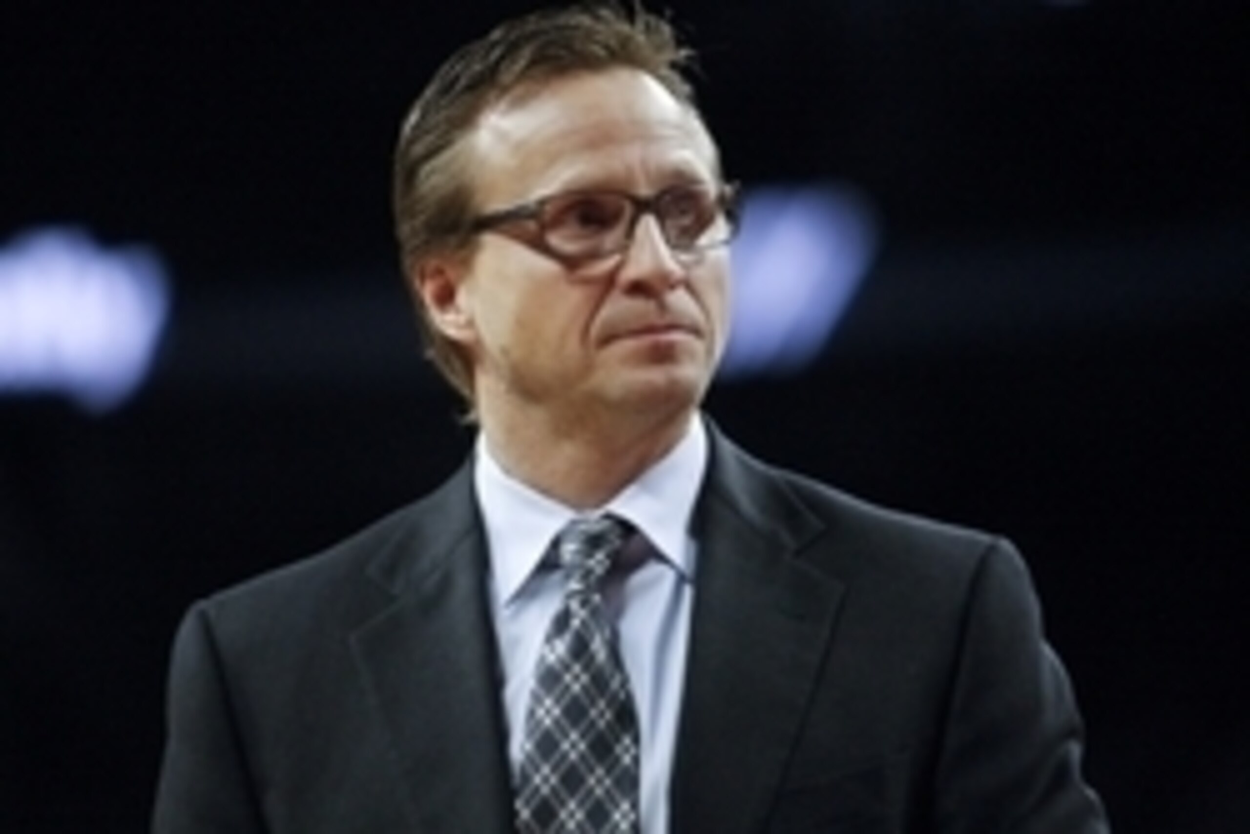 Dec 7, 2014; Auburn Hills, MI, USA; Oklahoma City Thunder head coach Scott Brooks looks to his left during the third quarter against the Detroit Pistons at The Palace of Auburn Hills. The Thunder beat the Pistons 96-94. Mandatory Credit: Raj Mehta-USA TOD