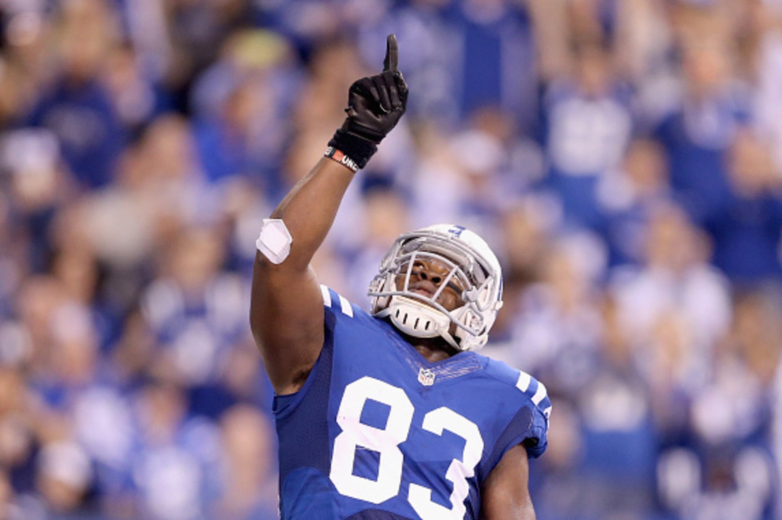 INDIANAPOLIS, IN - DECEMBER 14: Dwayne Allen #83 of the Indianapolis Colts celebrates after scoring a touchdown during the game against the Houston Texans at Lucas Oil Stadium on December 14, 2014 in Indianapolis, Indiana. (Photo by Andy Lyons/Getty Ima INDIANAPOLIS, IN - DECEMBER 14: Dwayne Allen #83 of the Indianapolis Colts celebrates after scoring a touchdown during the game against the Houston Texans at Lucas Oil Stadium on December 14, 2014 in Indianapolis, Indiana. (Photo by Andy Lyons/Getty Ima