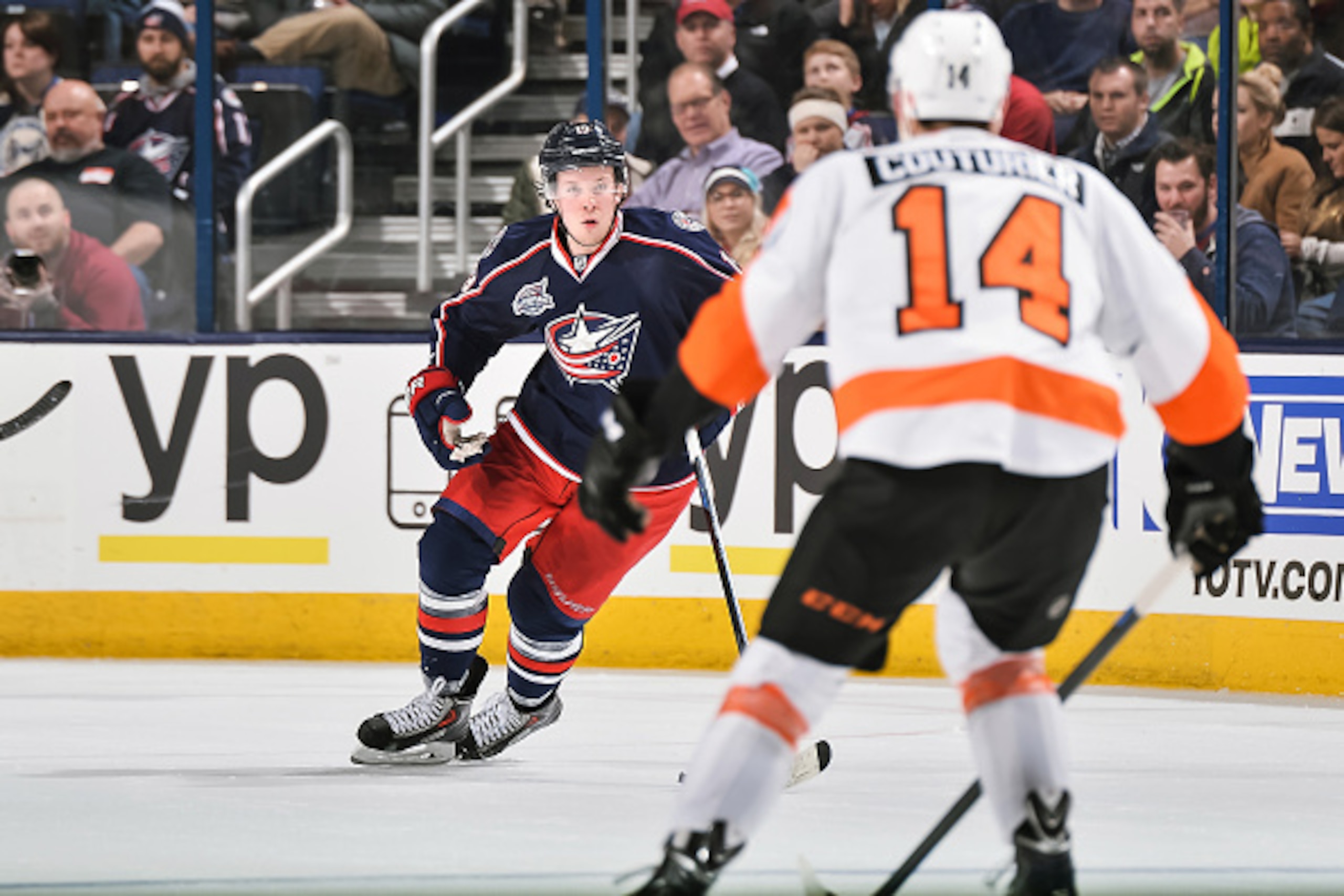 COLUMBUS, OH - DECEMBER 9:   Ryan Johansen #19 of the Columbus Blue Jackets skates with the puck against the Philadelphia Flyers on December 9, 2014 at Nationwide Arena in Columbus, Ohio.  (Photo by Jamie Sabau/NHLI via Getty Images)