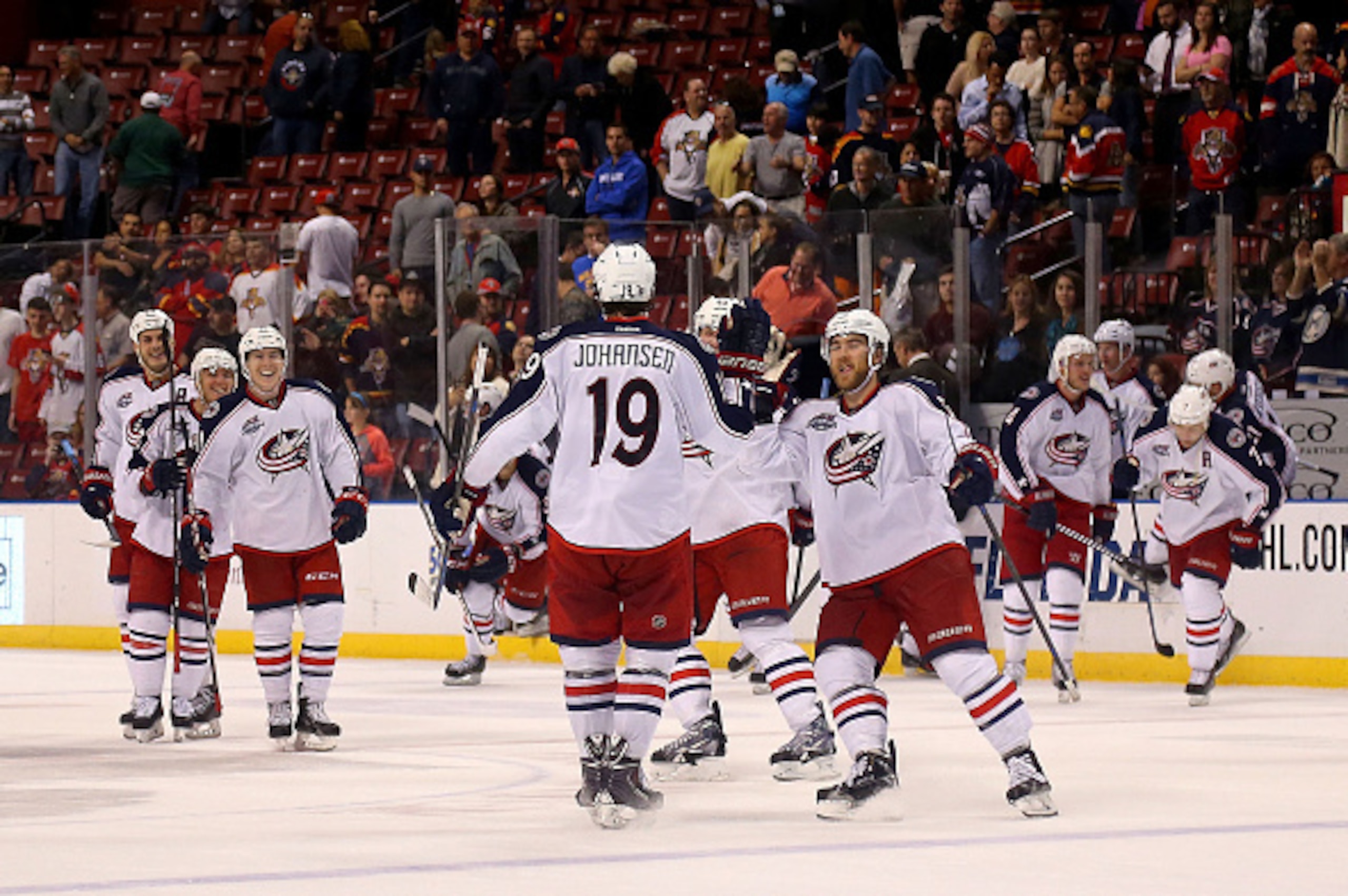 SUNRISE, FL - DECEMBER 04:  Ryan Johansen #19 of the Columbus Blue Jackets celebrates scoring the game winning goal against  the Florida Panthers during a game  at BB&T Center on December 4, 2014 in Sunrise, Florida.  (Photo by Mike Ehrmann/Getty Images)