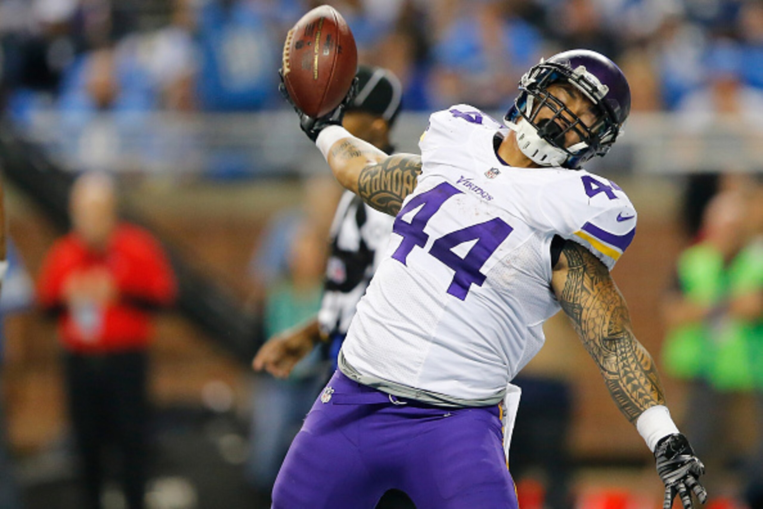 DETROIT, MI - DECEMBER 14: Matt Asiata #44 of the Minnesota Vikings celebrates a first quarter touchdown against the Detroit Lions at Ford Field on December 14, 2014 in Detroit, Michigan. (Photo by Leon Halip/Getty Images)