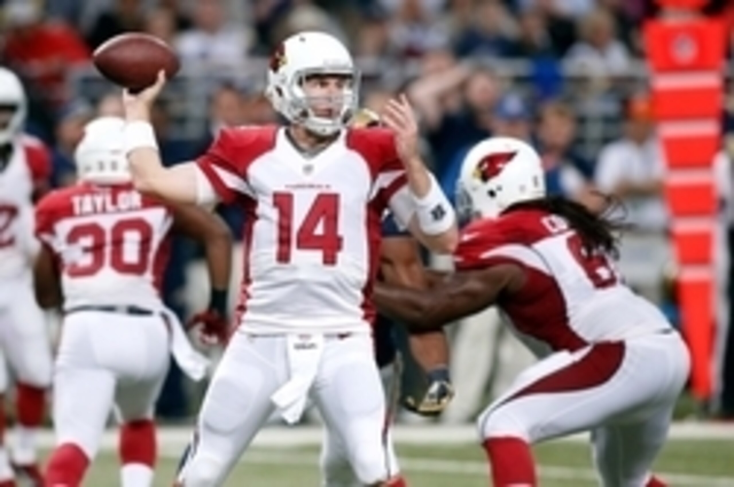 Dec 11, 2014; St. Louis, MO, USA; Arizona Cardinals quarterback Ryan Lindley (14) throws a pass during the second half of a football game against the St. Louis Rams at the Edward Jones Dome. The Cardinals defeated the Rams 12-6.  Mandatory Credit: Scott K