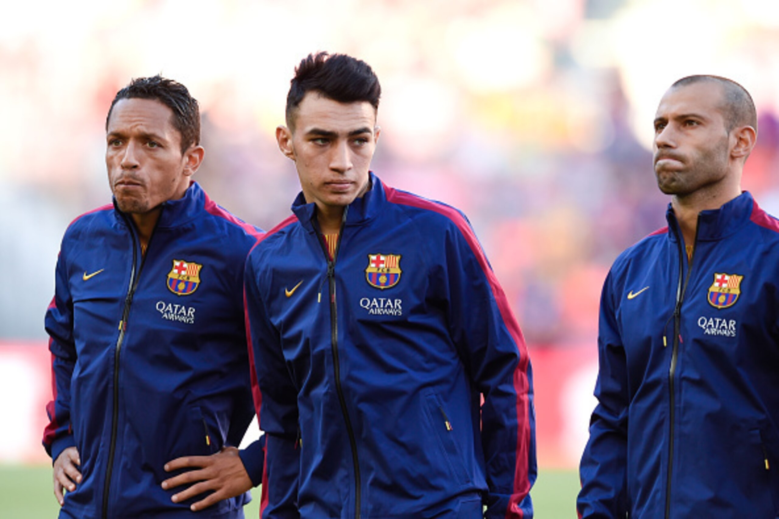 BARCELONA, SPAIN - SEPTEMBER 27:  (L-R) Adriano Correia, Munir El Haddadi and Javier Mascherano of FC Barcelona look on during the La Liga match between FC Barcelona and Granada CF at Camp Nou on September 27, 2014 in Barcelona, Spain.  (Photo by David Ra