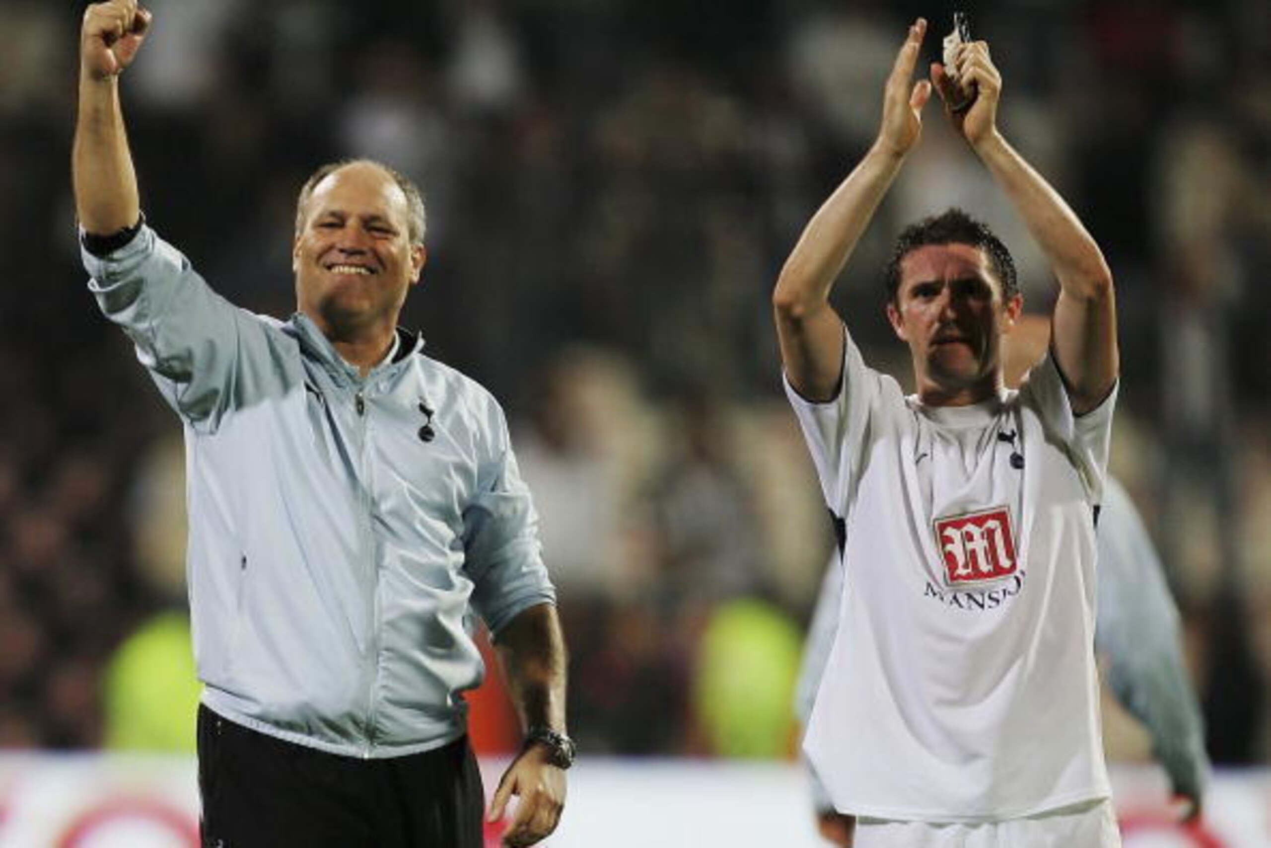 ISTANBUL, TURKEY - OCTOBER 19:  Tottenham Hotspur Manager, Martin Jol and Robbie Keane wave to the fans after winning their UEFA Cup Group B match between Besiktas and Tottenham Hotspur at the Inonu Stadium on October 19, 2006 in Istanbul, Turkey.  (Photo