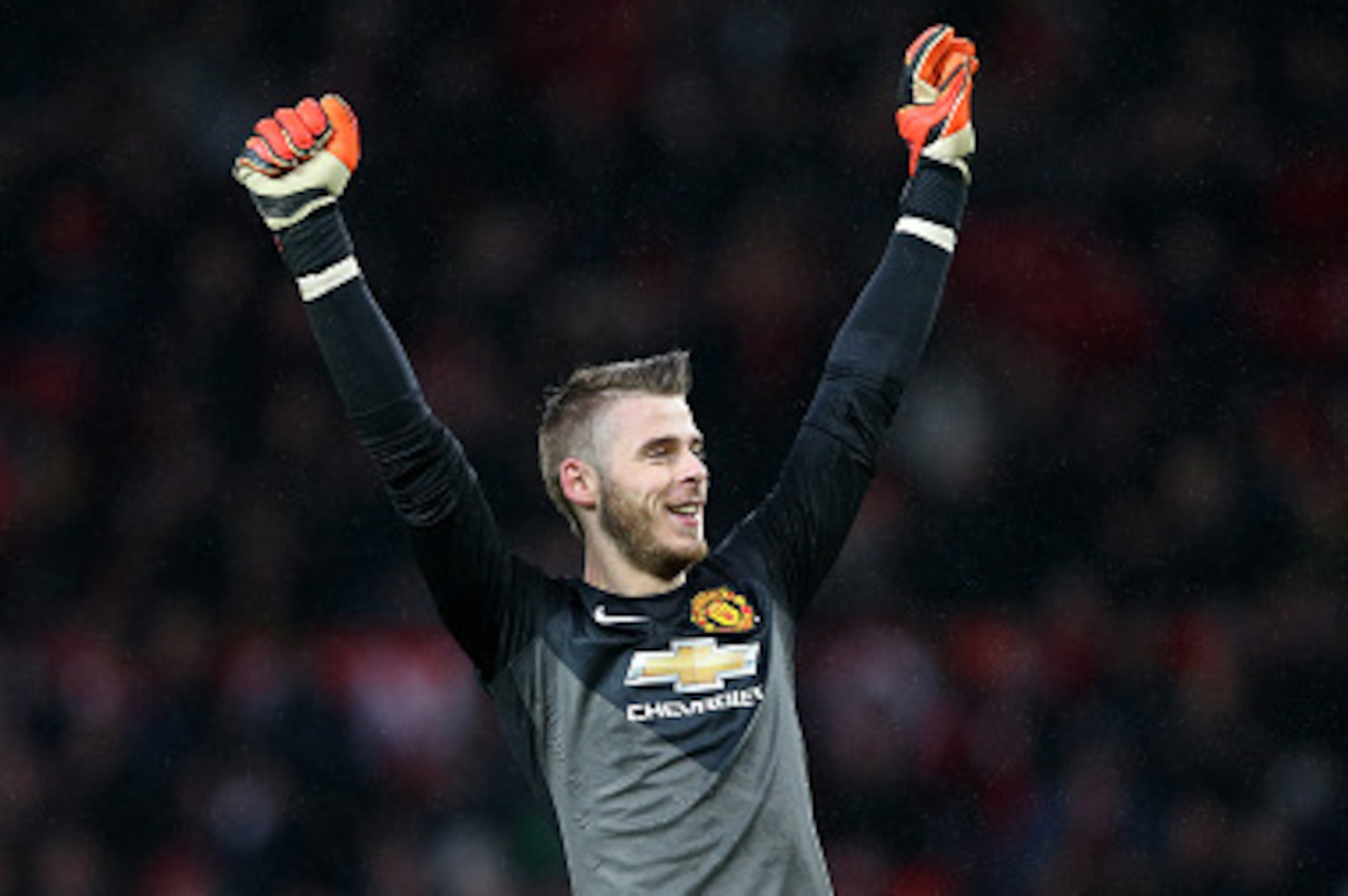 MANCHESTER, ENGLAND - DECEMBER 14:  David De Gea of Manchester United celebrates the third goal during the Barclays Premier League match between Manchester United and Liverpool at Old Trafford on December 14, 2014 in Manchester, England.  (Photo by Alex L