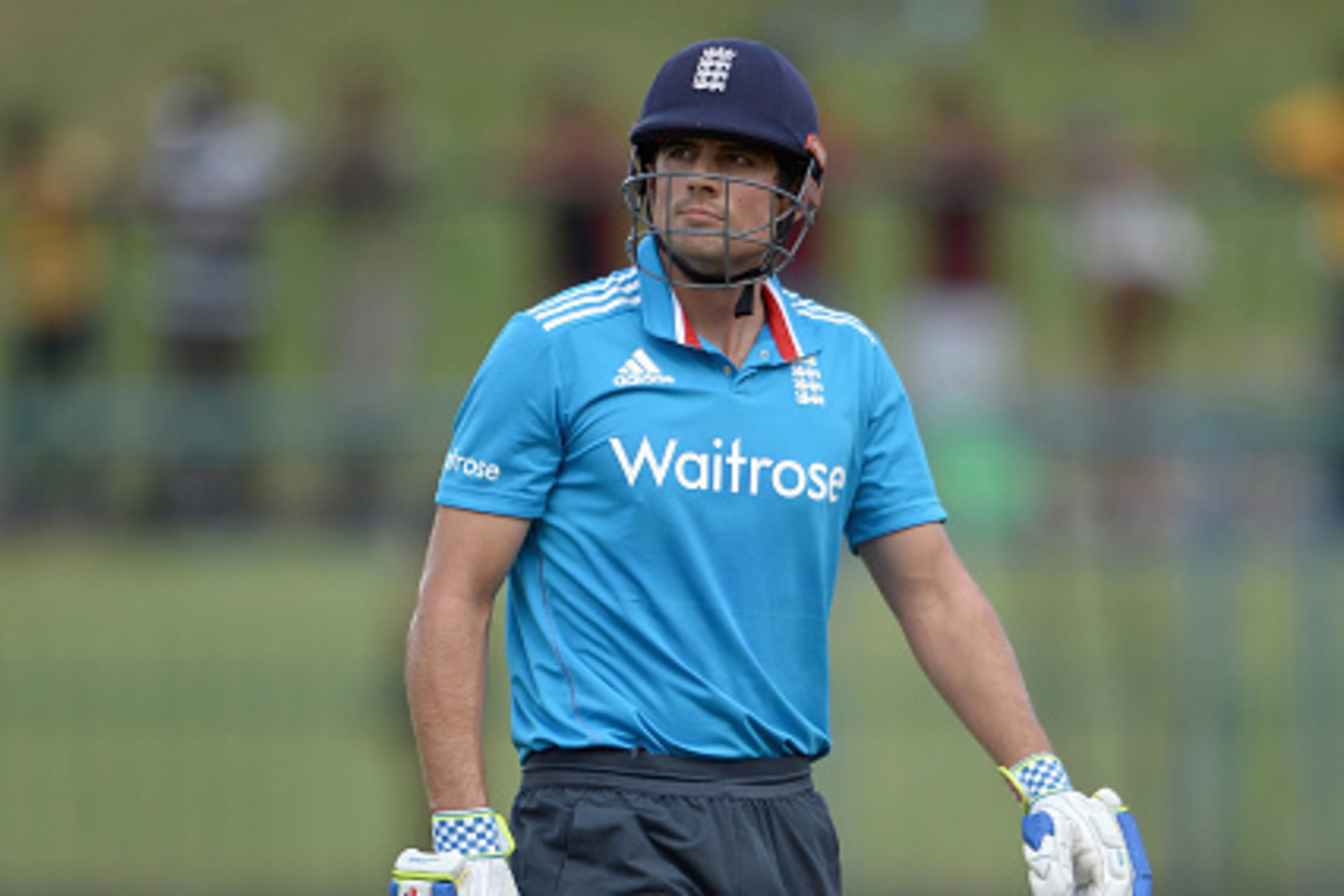 KANDY, SRI LANKA - DECEMBER 11:  England captain Alastair Cook leaves the field after being dismissed by Sachithra Senanayake of Sri Lanka during the 5th One Day International between Sri Lanka and England at Pallekele Cricket Stadium on December 11, 2014