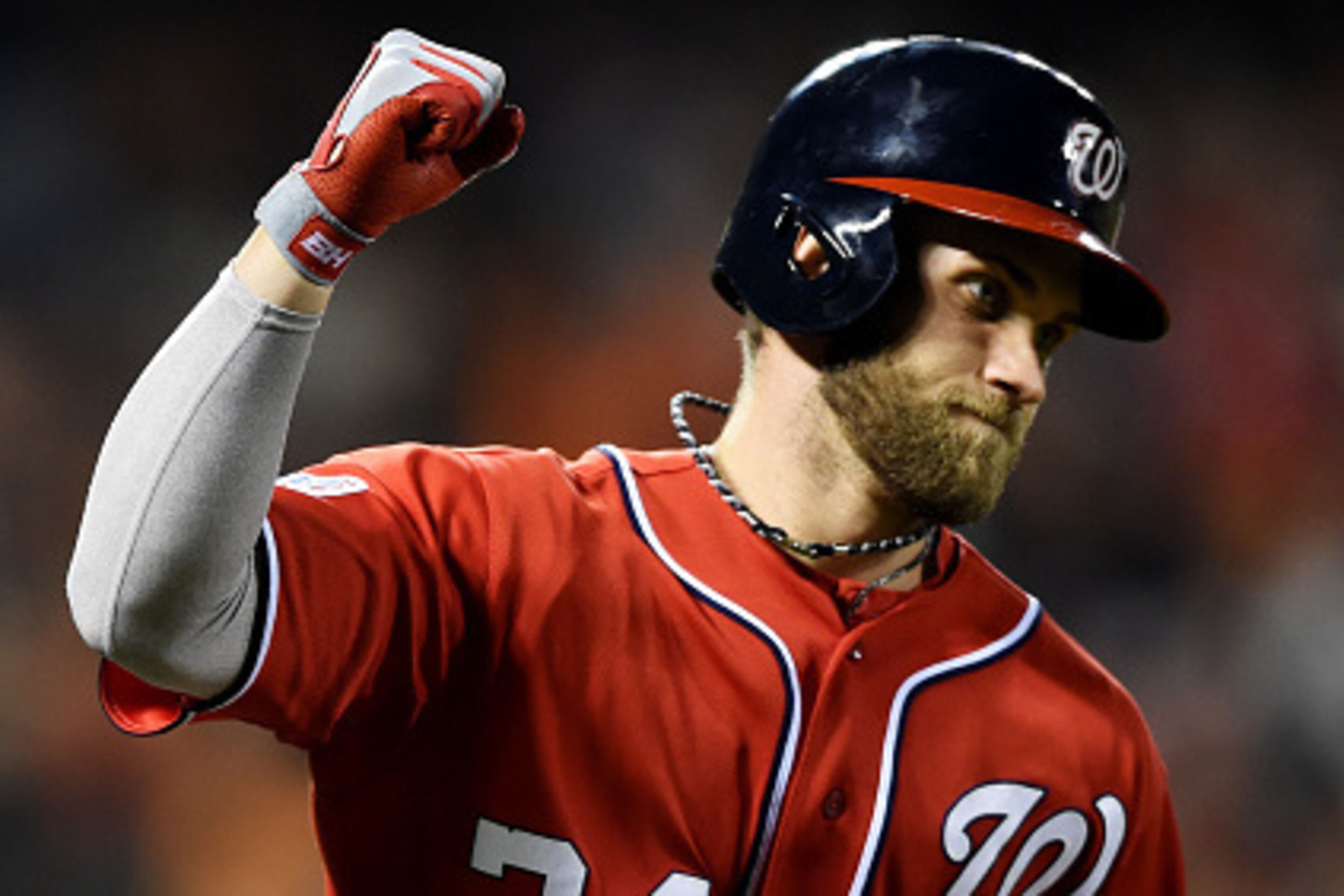 SAN FRANCISCO, CA - OCTOBER 07:  Bryce Harper #34 of the Washington Nationals celebrates his solo home run in the seventh inning against the San Francisco Giants during Game Four of the National League Division Series at AT&T Park on October 7, 2014 in Sa