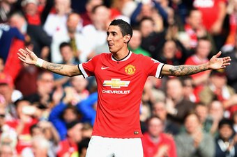 MANCHESTER, ENGLAND - OCTOBER 05:  Angel Di Maria of Manchester United celebrates scoring the first goal during the Barclays Premier League match between Manchester United and Everton at Old Trafford on October 5, 2014 in Manchester, England.  (Photo by M