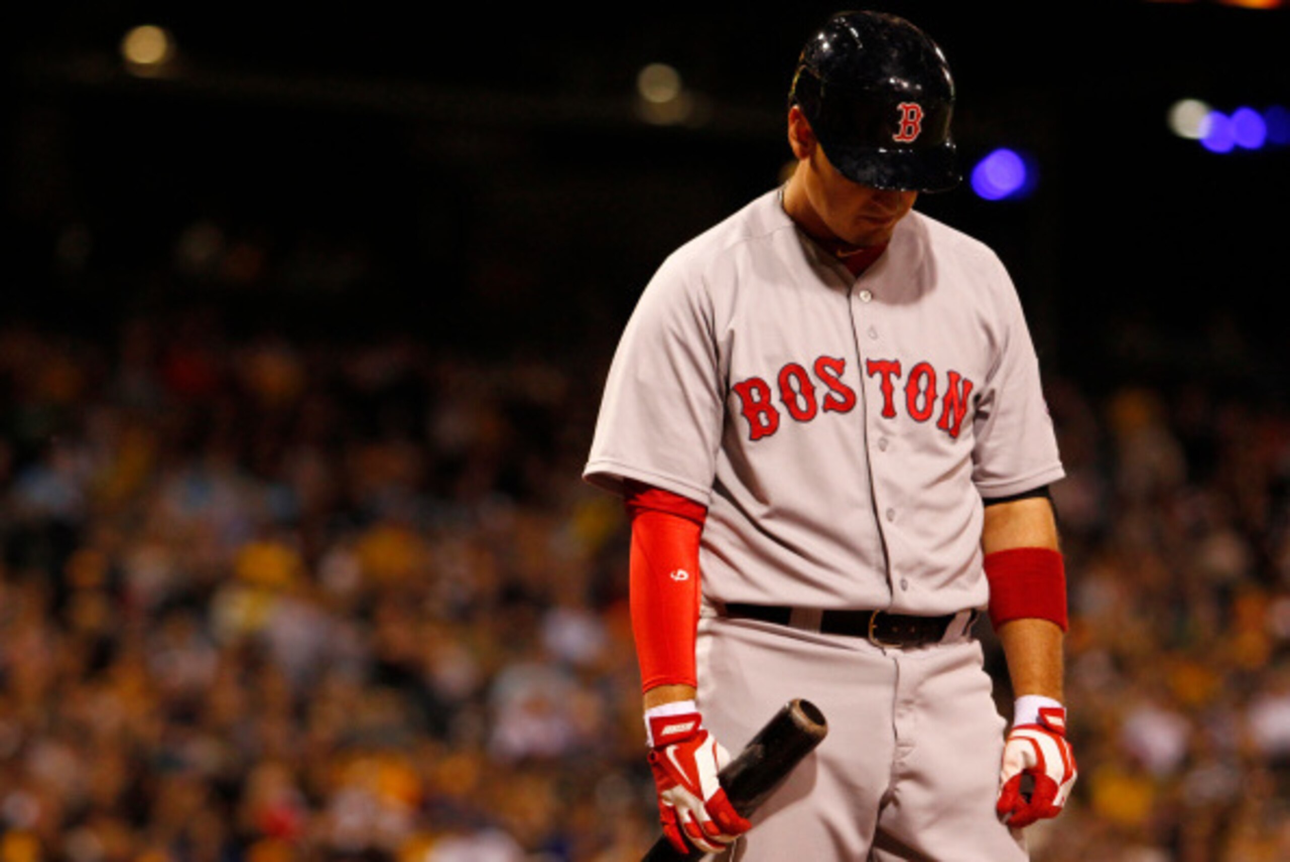 PITTSBURGH, PA - SEPTEMBER 18:  Allen Craig #5 of the Boston Red Sox strikes out in the sixth to end the inning during inter-league play against the Pittsburgh Pirates at PNC Park on September 18, 2014 in Pittsburgh, Pennsylvania.  (Photo by Justin K. All