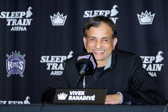 SACRAMENTO, CA - NOVEMBER 19:  Vivek Ranadive' addresses the media at a press conference to announce the signing of a contract extension with Rudy Gay to the Sacramento Kings on November 19, 2014 at the Kings Practice Facility in Sacramento, California. N