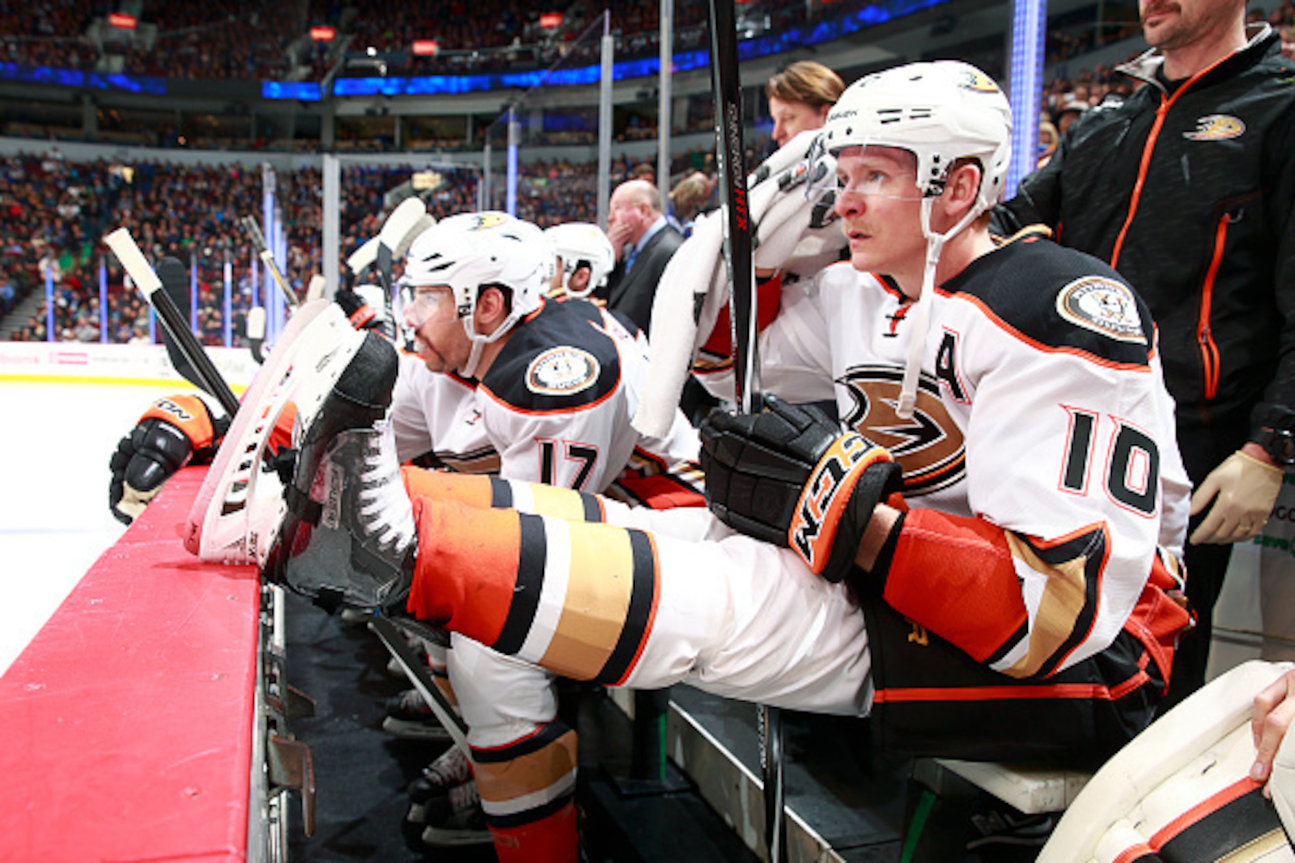VANCOUVER, BC - NOVEMBER 20:  Corey Perry #10 of the Anaheim Ducks looks on from the bench during their NHL game against the Vancouver Canucks at Rogers Arena November 20, 2014 in Vancouver, British Columbia, Canada. (Photo by Jeff Vinnick/NHLI via Getty