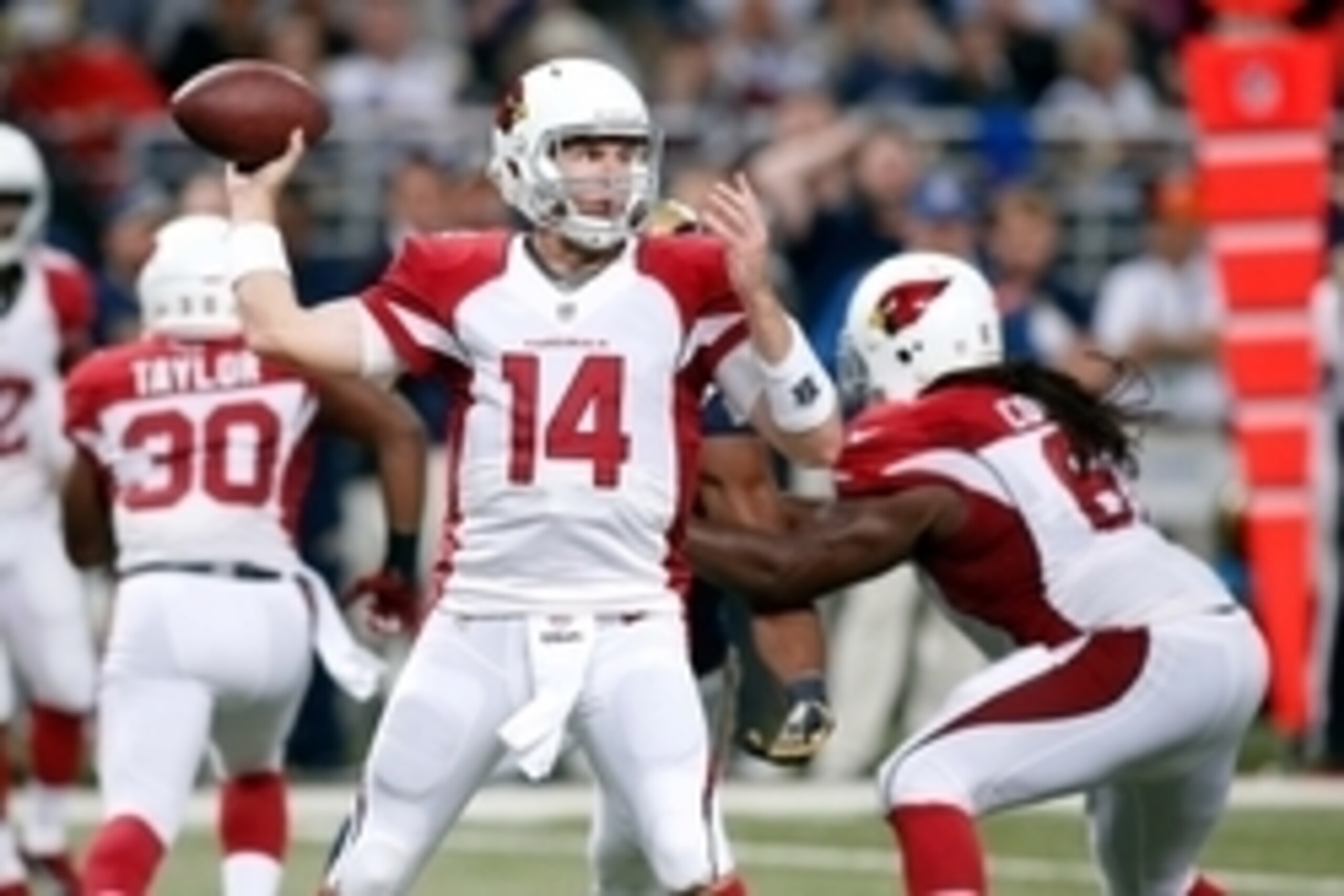 Dec 11, 2014; St. Louis, MO, USA; Arizona Cardinals quarterback Ryan Lindley (14) throws a pass during the second half of a football game against the St. Louis Rams at the Edward Jones Dome. The Cardinals defeated the Rams 12-6.  Mandatory Credit: Scott K