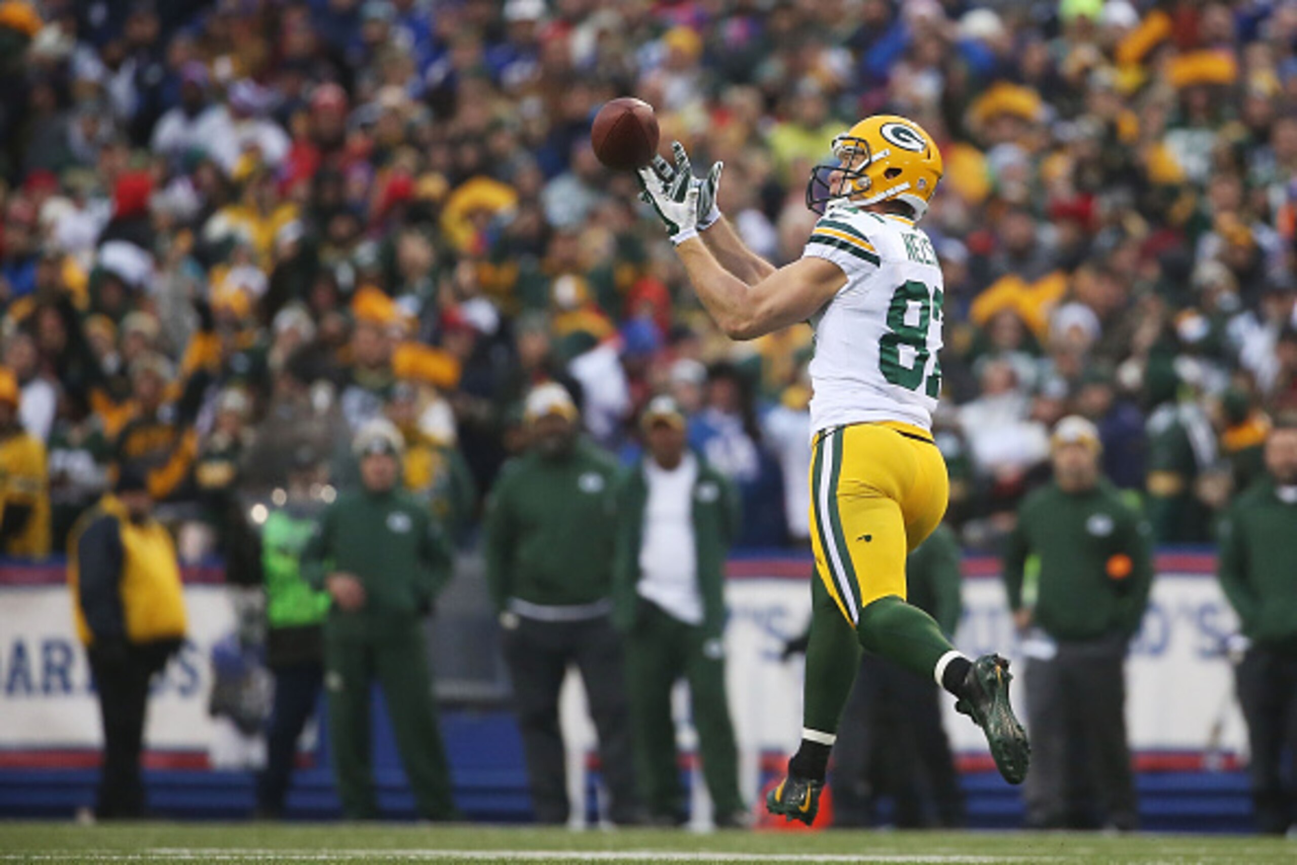 ORCHARD PARK, NY - DECEMBER 14:  Jordy Nelson #87 of the Green Bay Packers drops a wide open catch against the Buffalo Bills during the second half at Ralph Wilson Stadium on December 14, 2014 in Orchard Park, New York.  (Photo by Tom Szczerbowski/Getty I