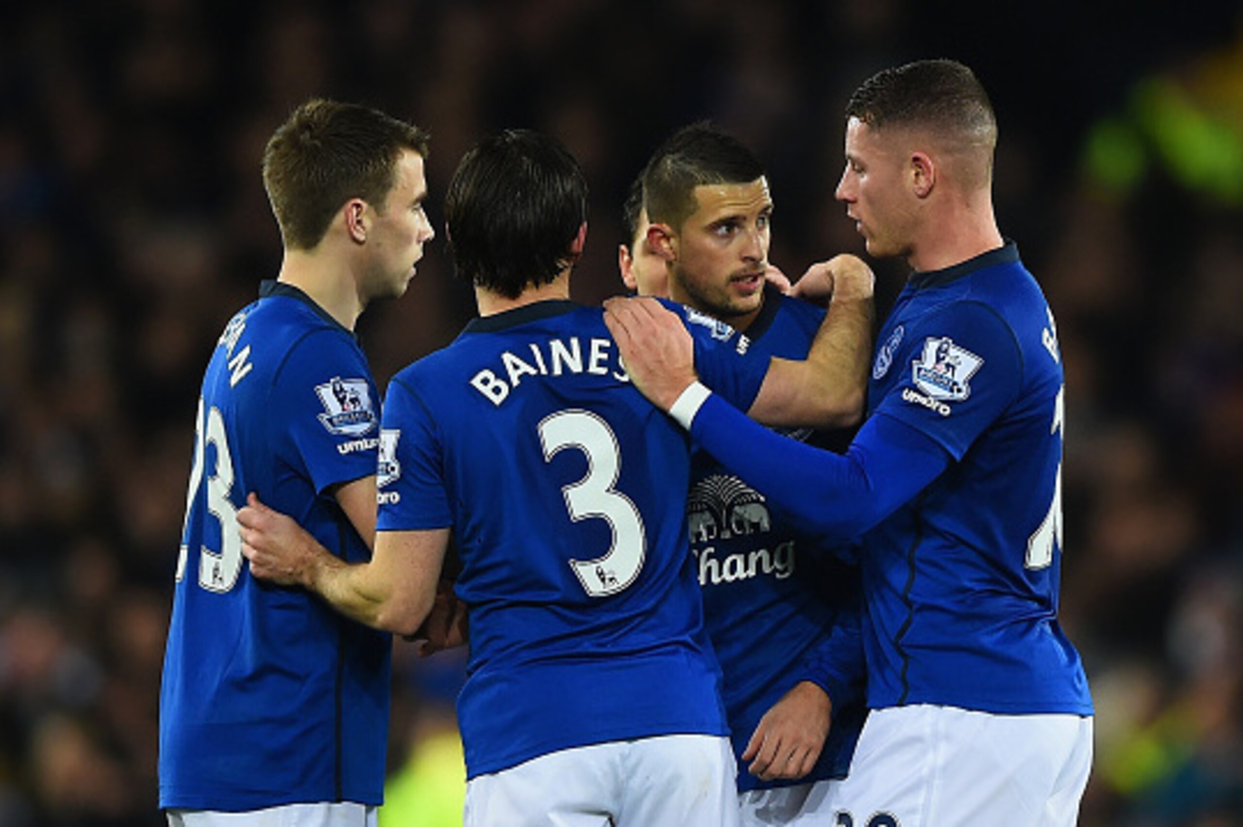 LIVERPOOL, ENGLAND - DECEMBER 15:  Kevin Mirallas of Everton (2R) is congratulated byRoss Barkley of Everton (R) as he celebrates scoring the second goal with team mates during the Barclays Premier League match between Everton and Queens Park Rangers at G