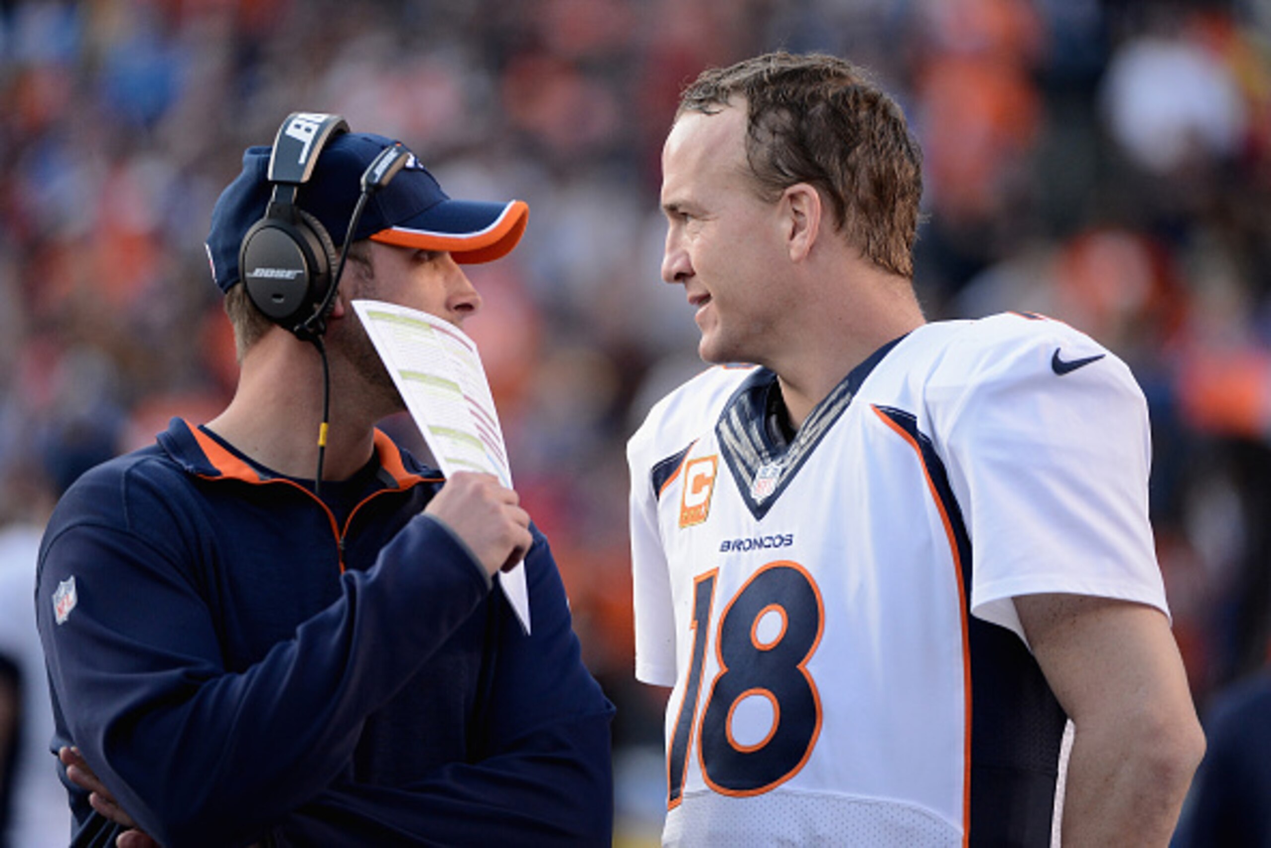 SAN DIEGO, CA - DECEMBER 14:  Quarterback Peyton Manning #18 of the Denver Broncos talks to a member of the Denver Broncos coaching staff on the sidelines while playing the San Diego Chargers at Qualcomm Stadium on December 14, 2014 in San Diego, Californ
