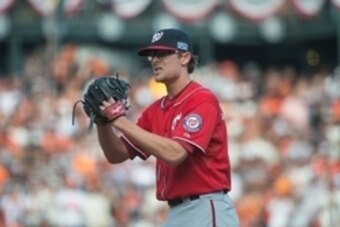 October 6, 2014; San Francisco, CA, USA; Washington Nationals relief pitcher Tyler Clippard (36) prepares to deliver a pitch during game three of the 2014 NLDS baseball playoff game against the San Francisco Giants at AT&T Park. Mandatory Credit: Kyle Ter
